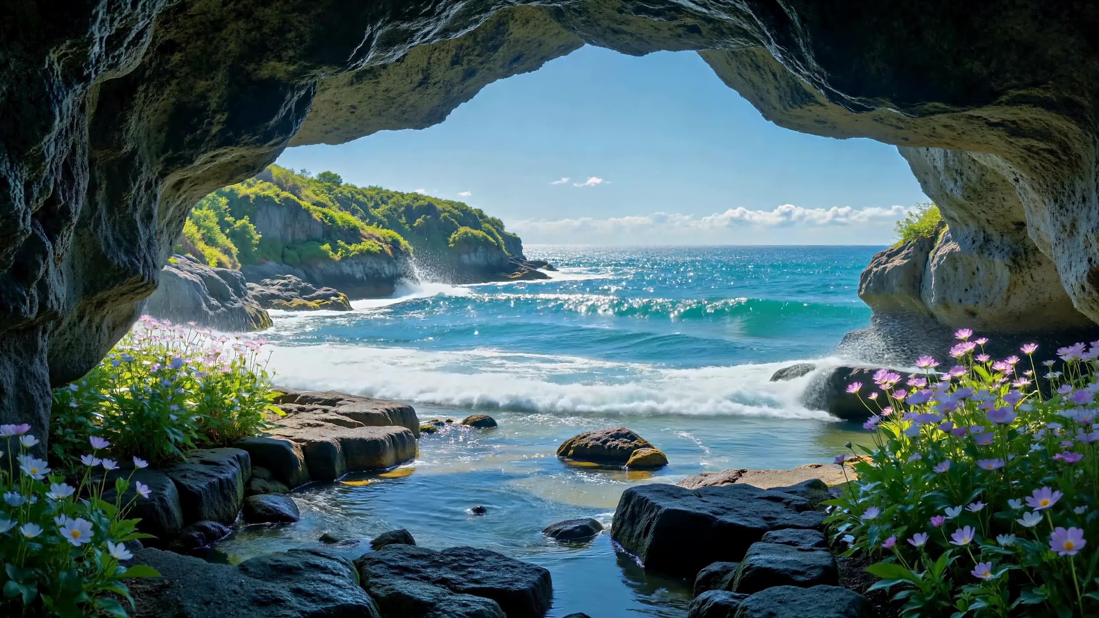 洞穴外的蓝海海岸