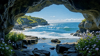 洞穴外的蓝海海岸