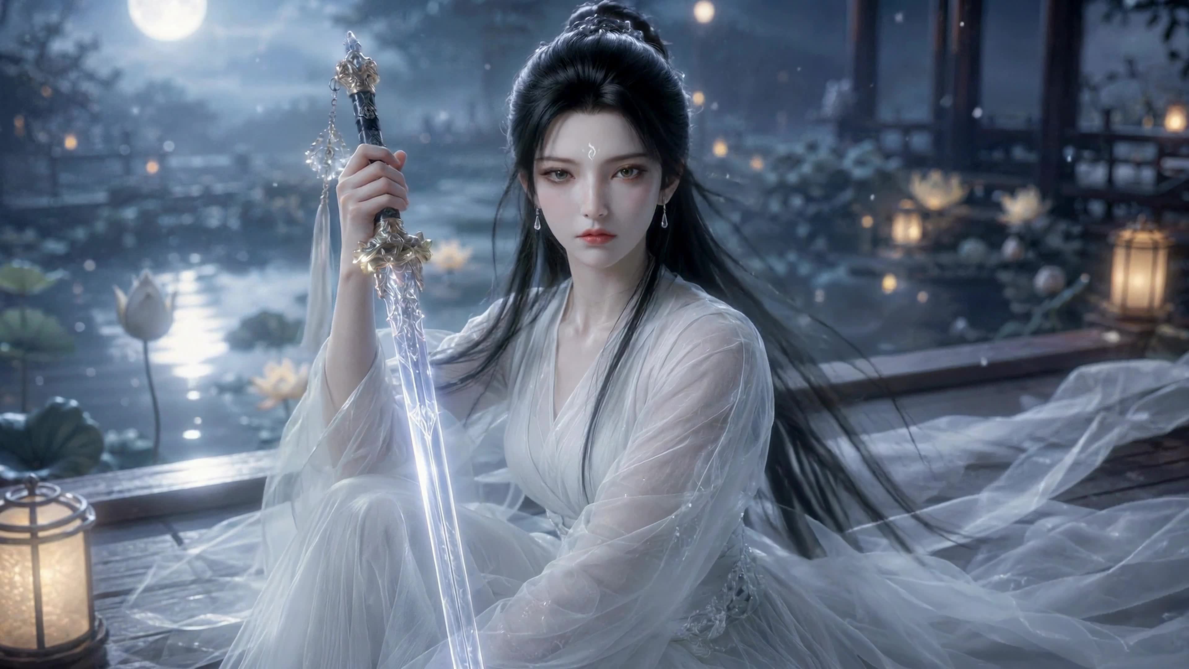 月夜荷畔白衣侠女