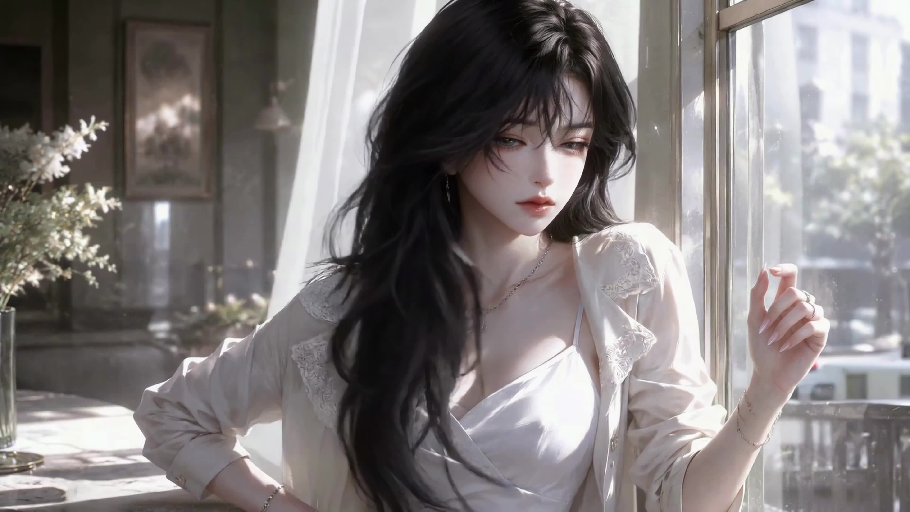 窗边温柔黑发少女