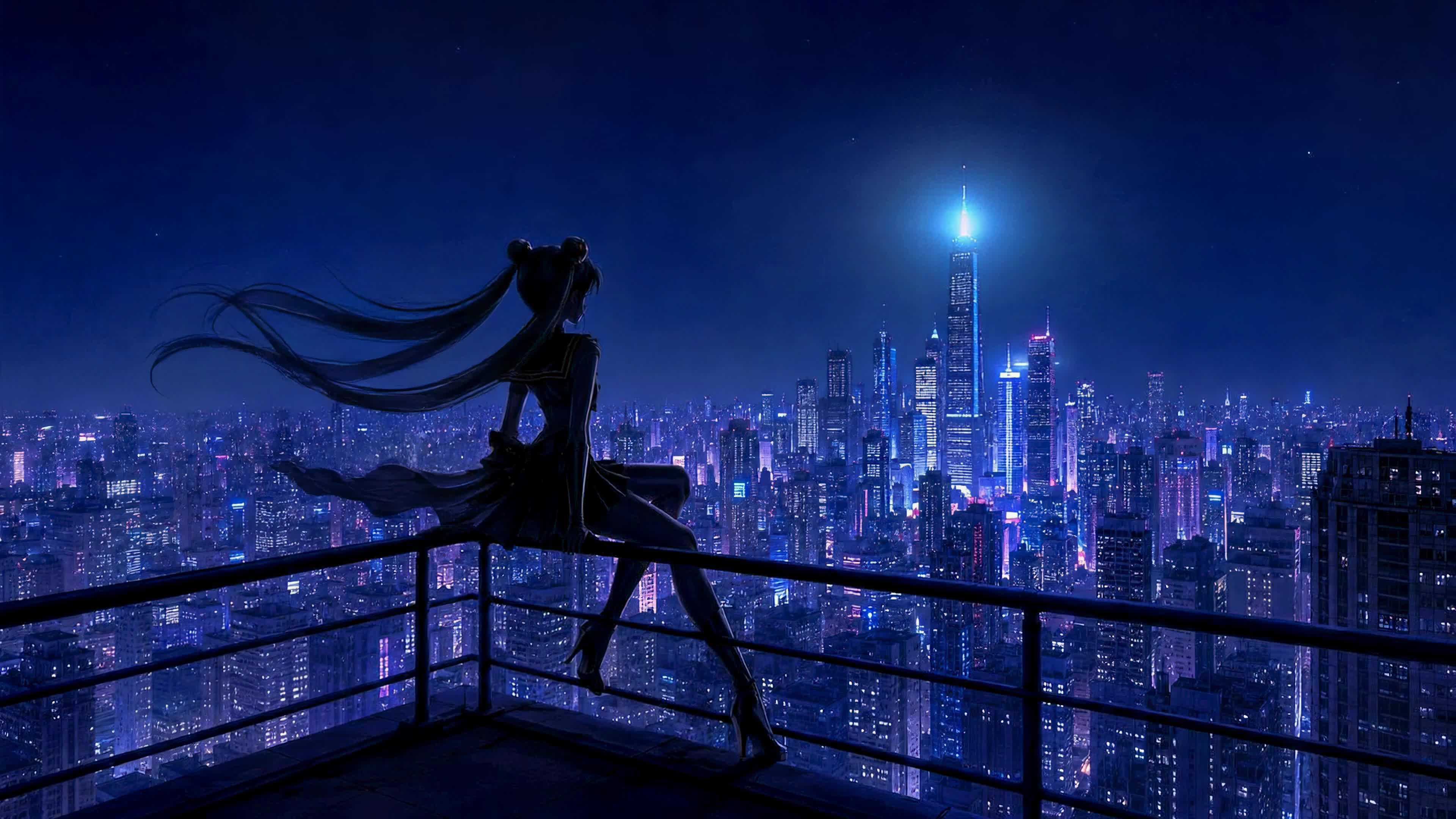 都市夜景下的少女
