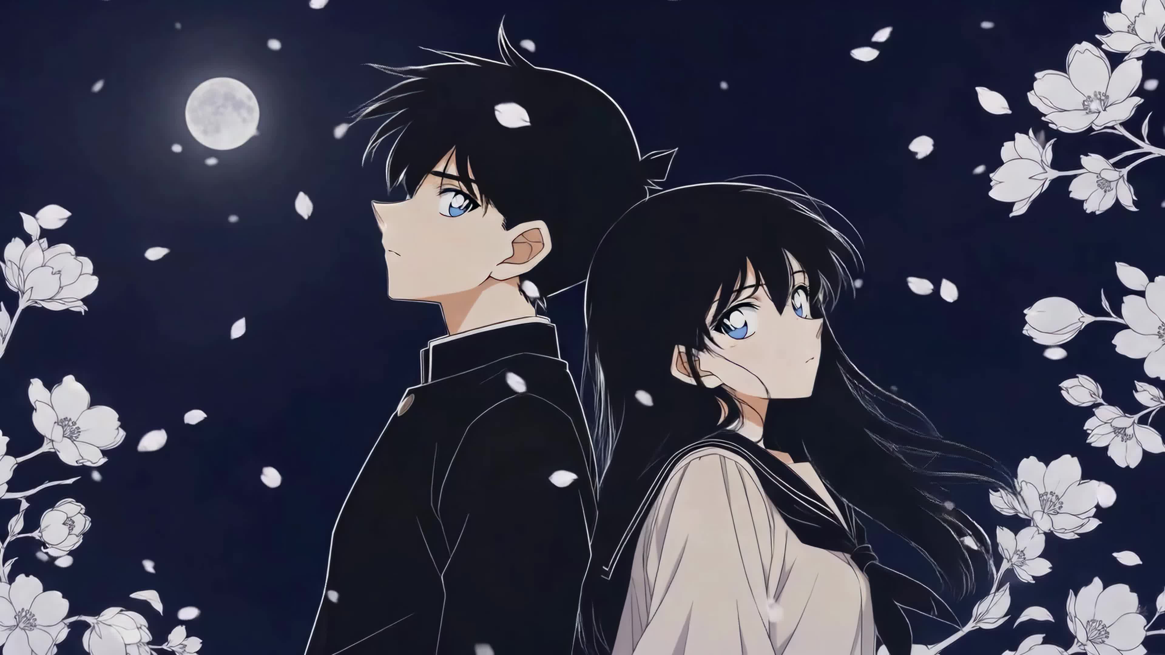 月夜繁花下的少年少女