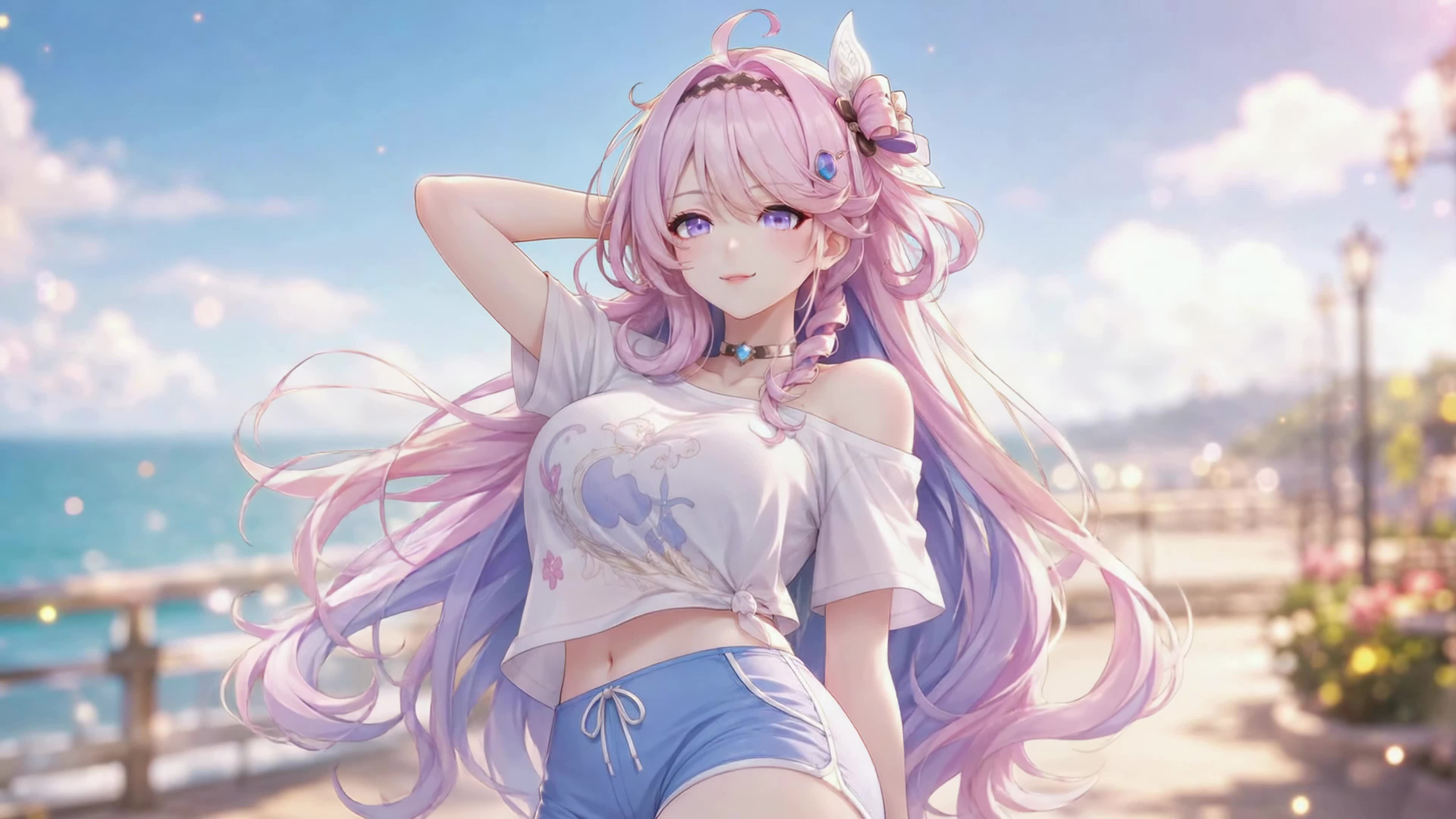夏日海边粉发少女