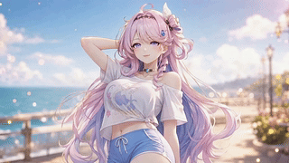 夏日海边粉发少女