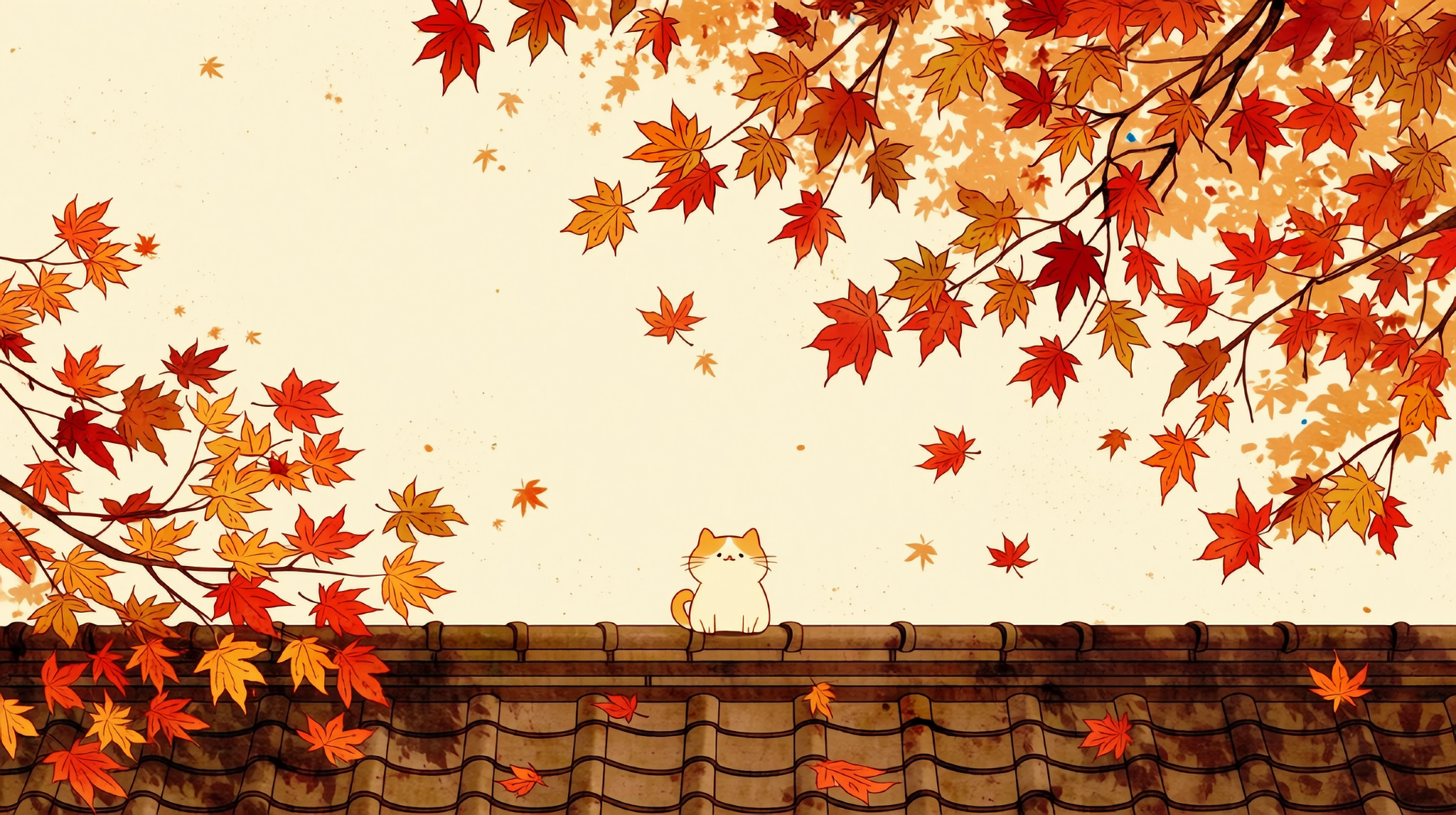 枫树下屋檐上的猫咪
