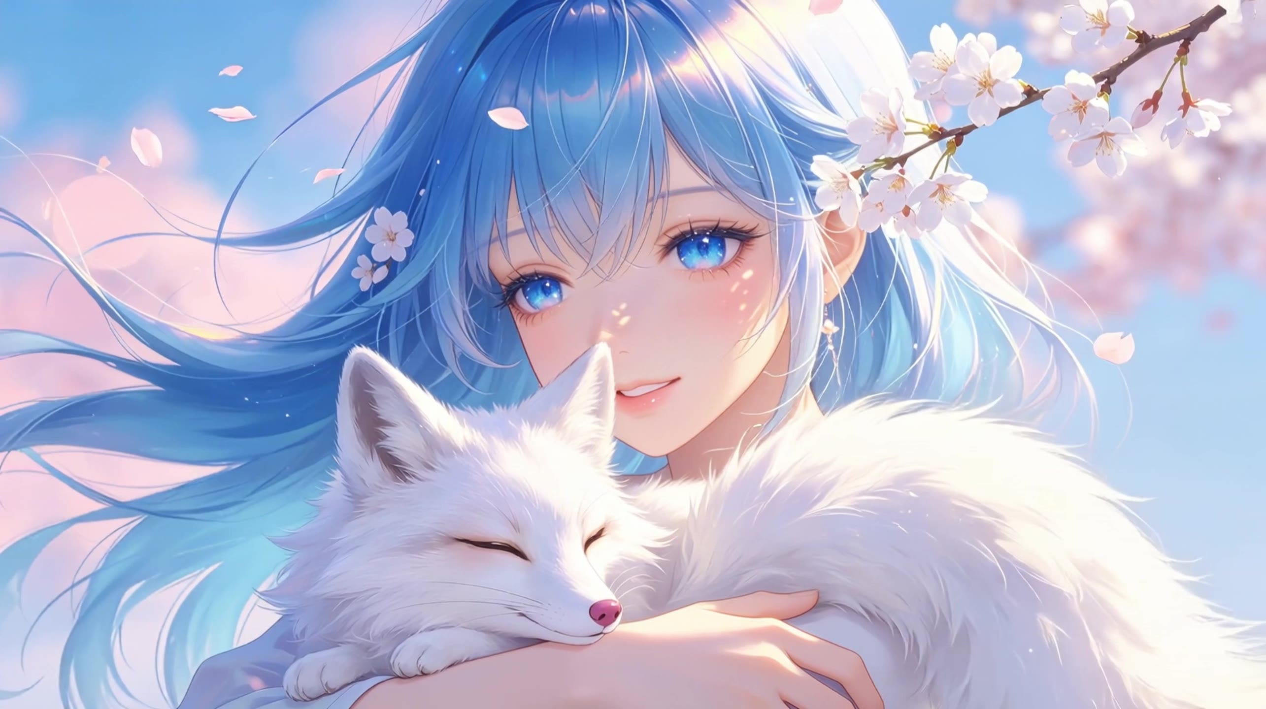 樱花下的少女和白狐