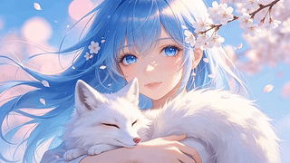 樱花下的少女和白狐
