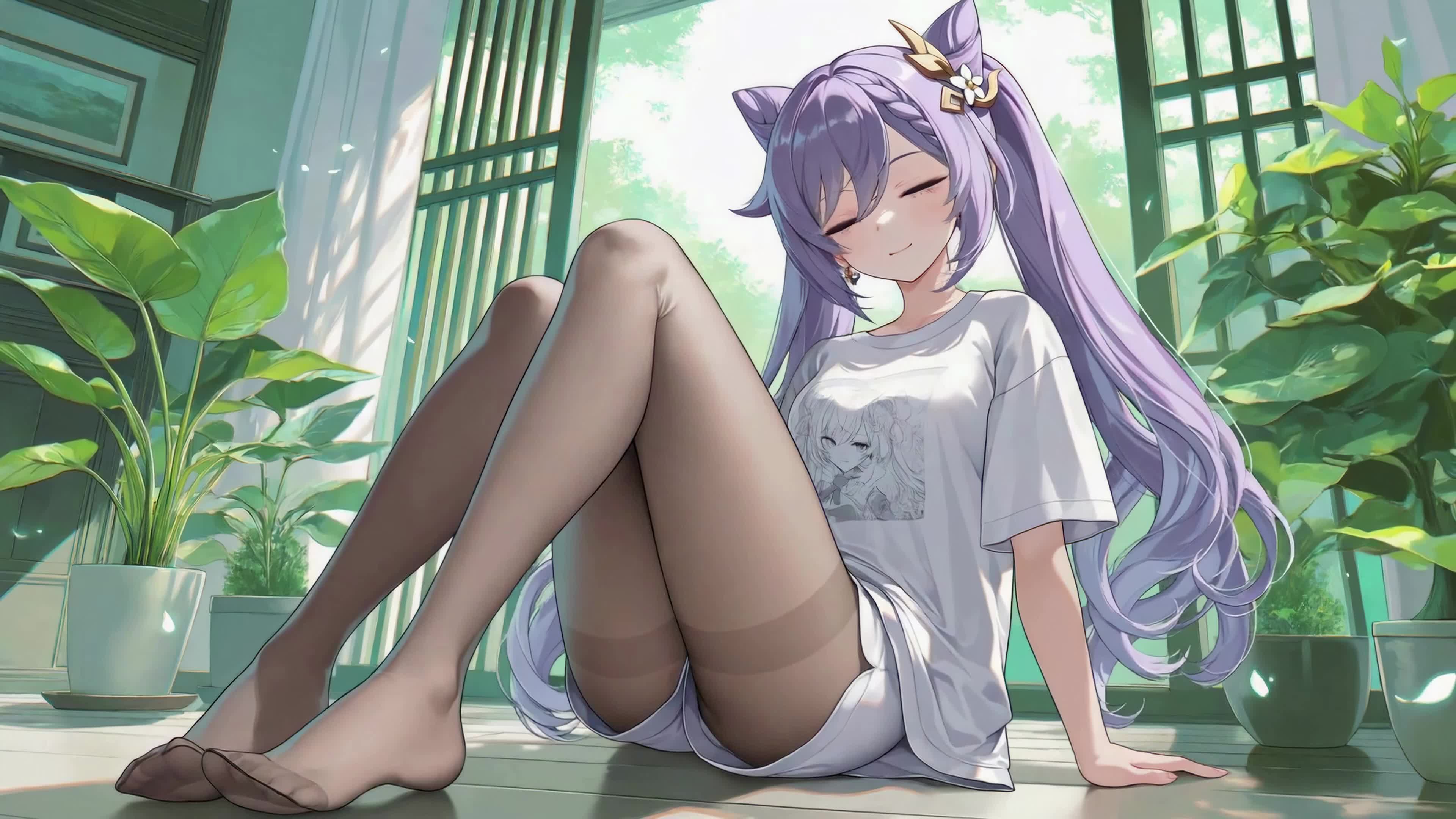 窗边闲坐紫发少女刻晴