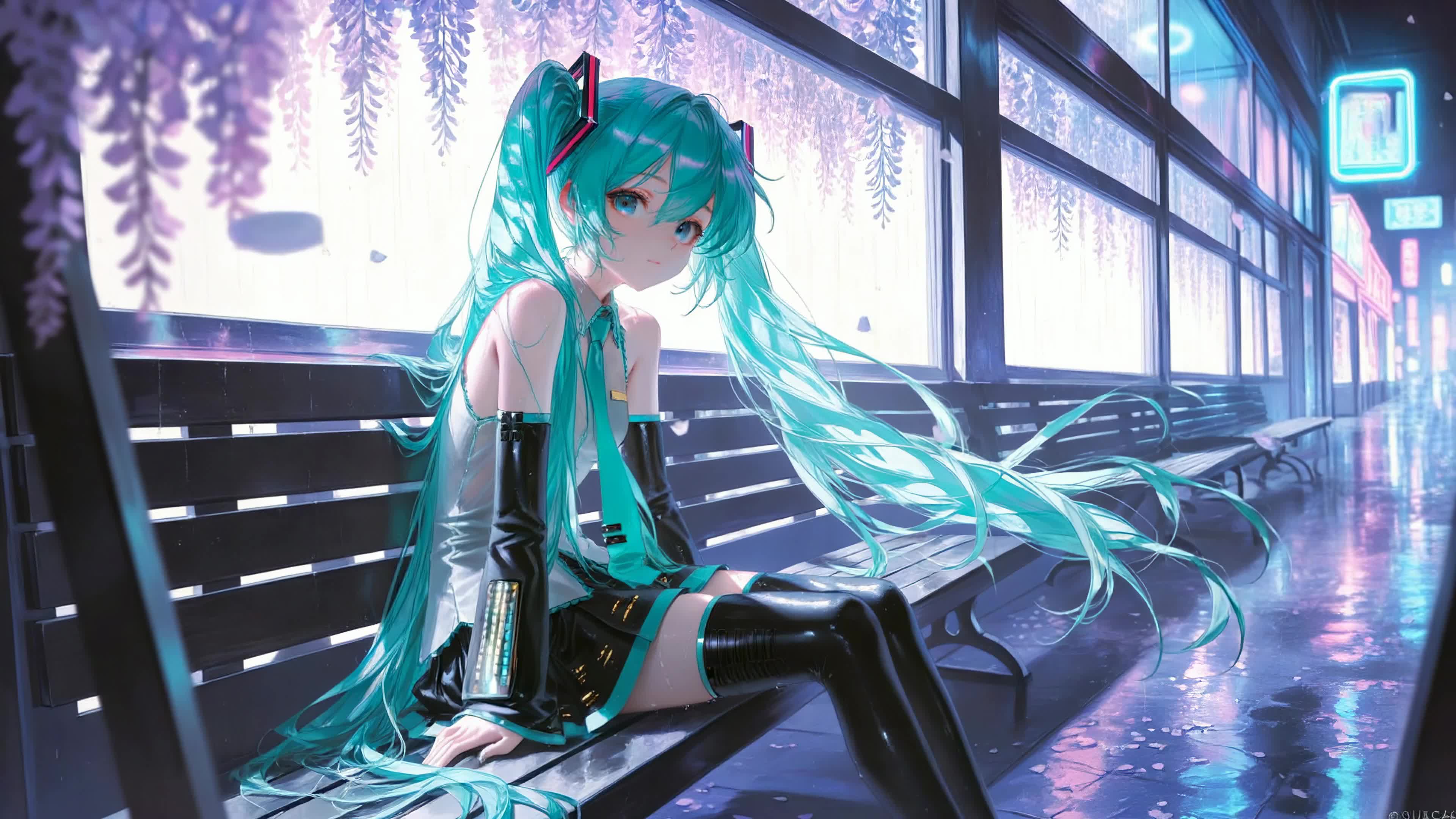 雨中街角青发少女初音未来