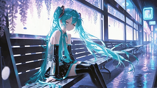 雨中街角青发少女初音未来