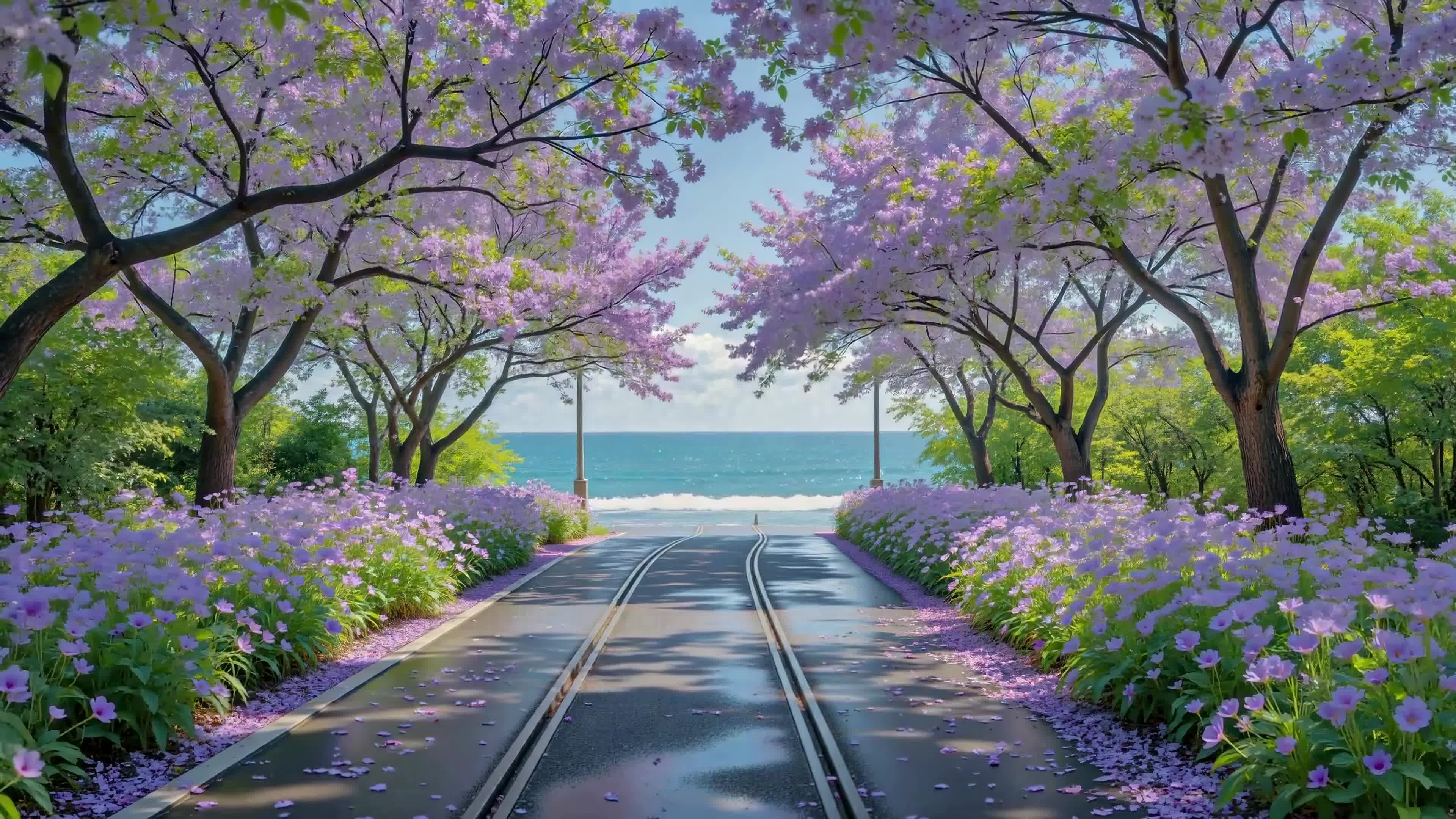 紫花林荫海滨小径