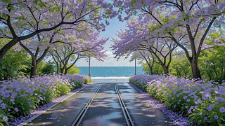 紫花林荫海滨小径