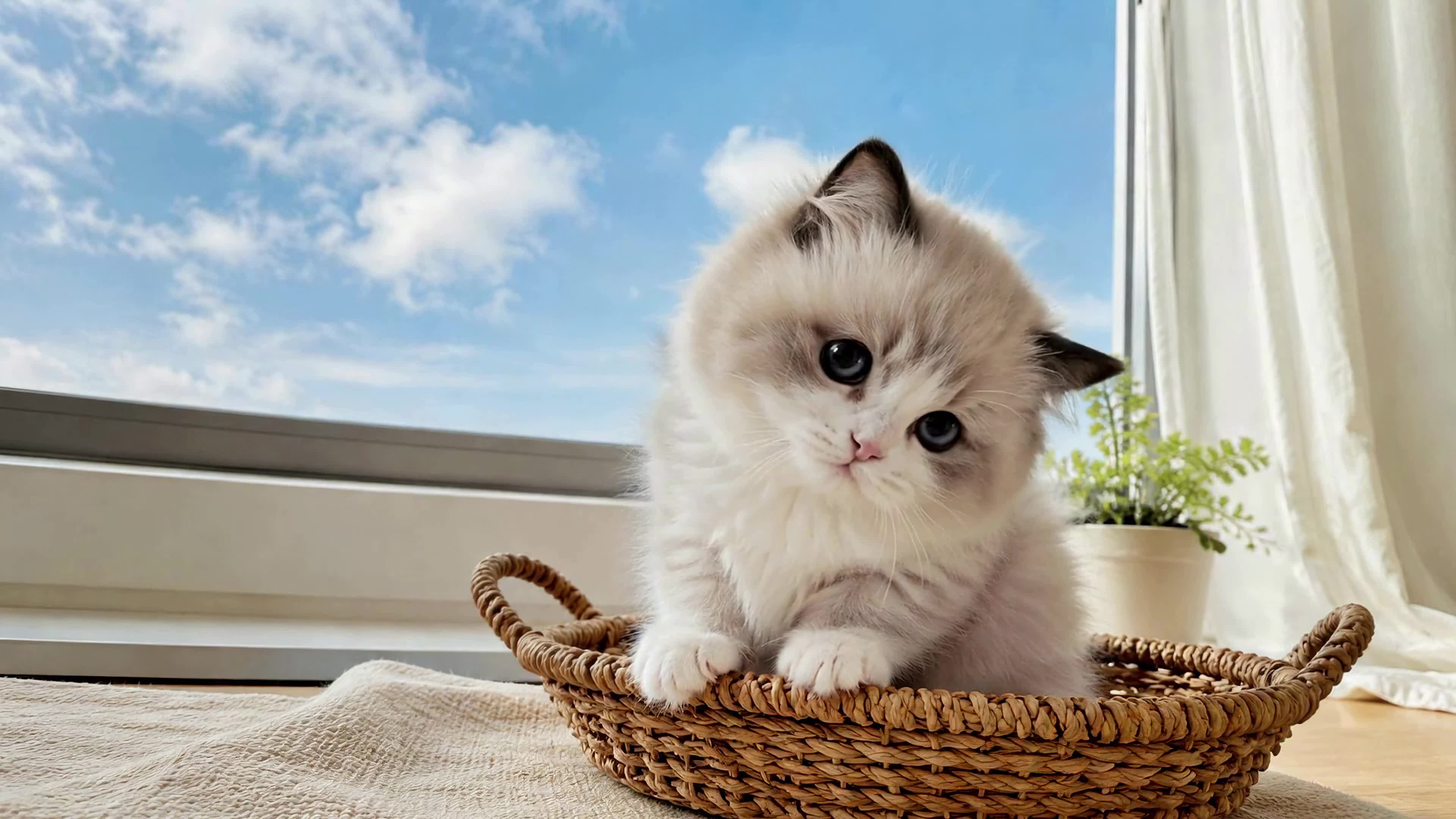 窗边篮子里的软萌小奶猫