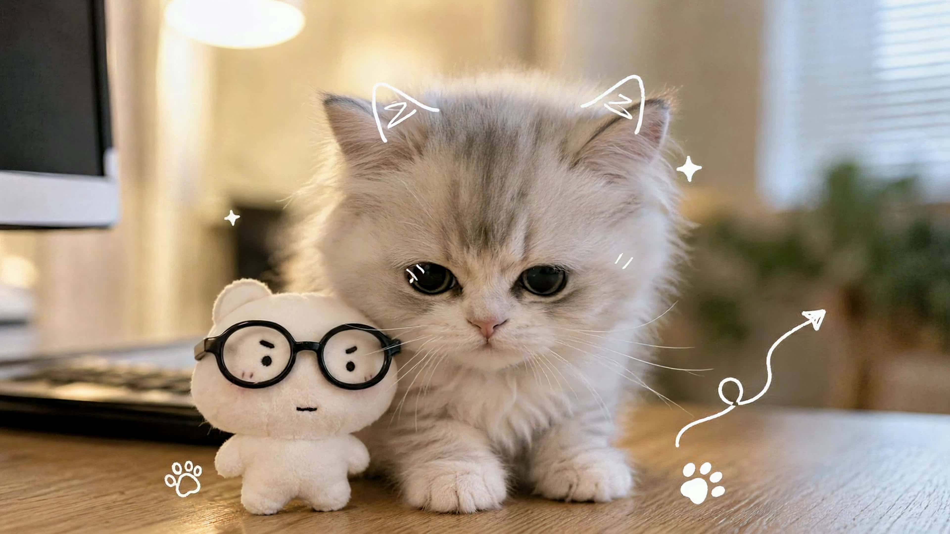 书桌旁的软萌奶猫