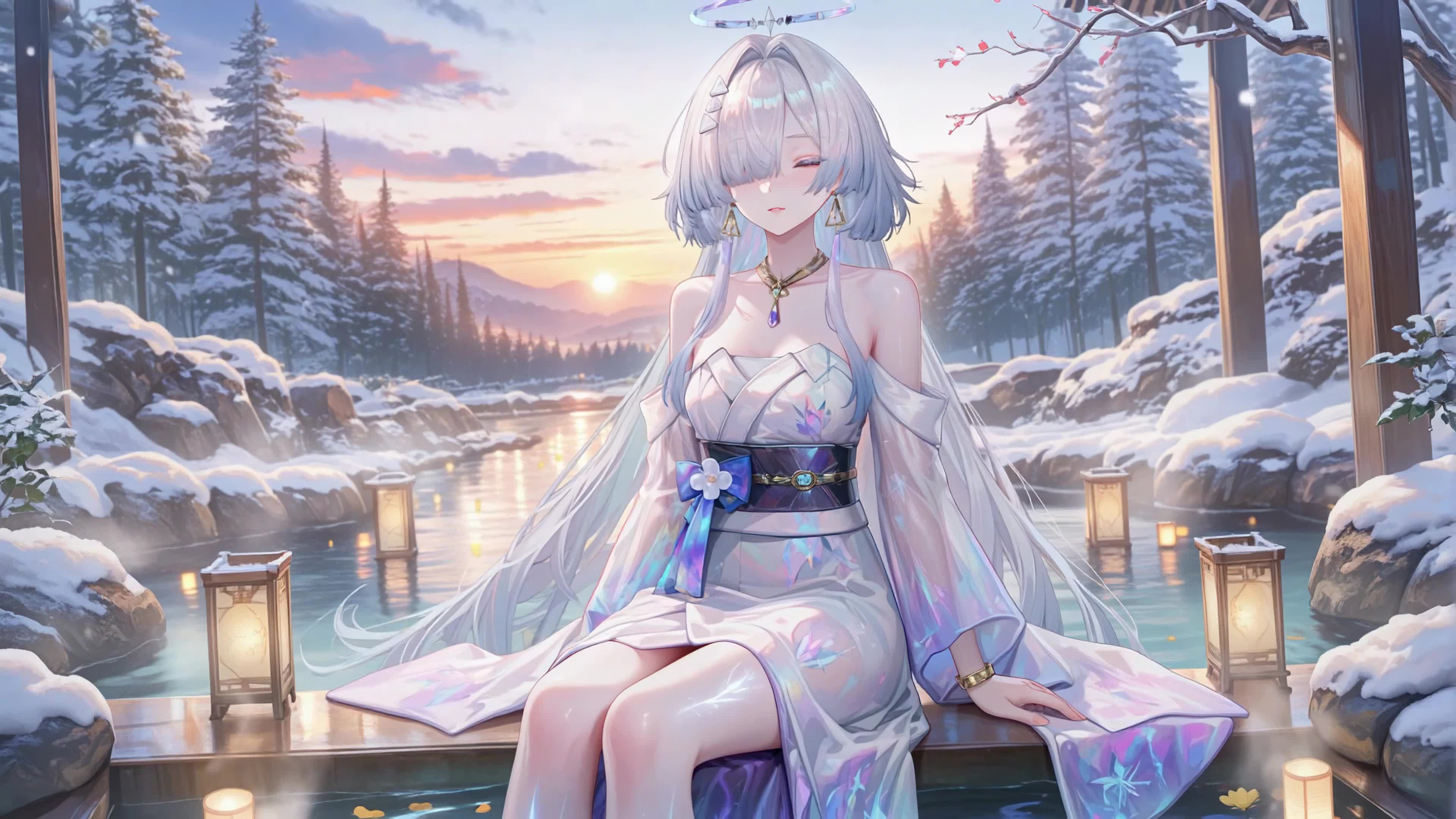 冬日温泉畔的银发少女莫宁