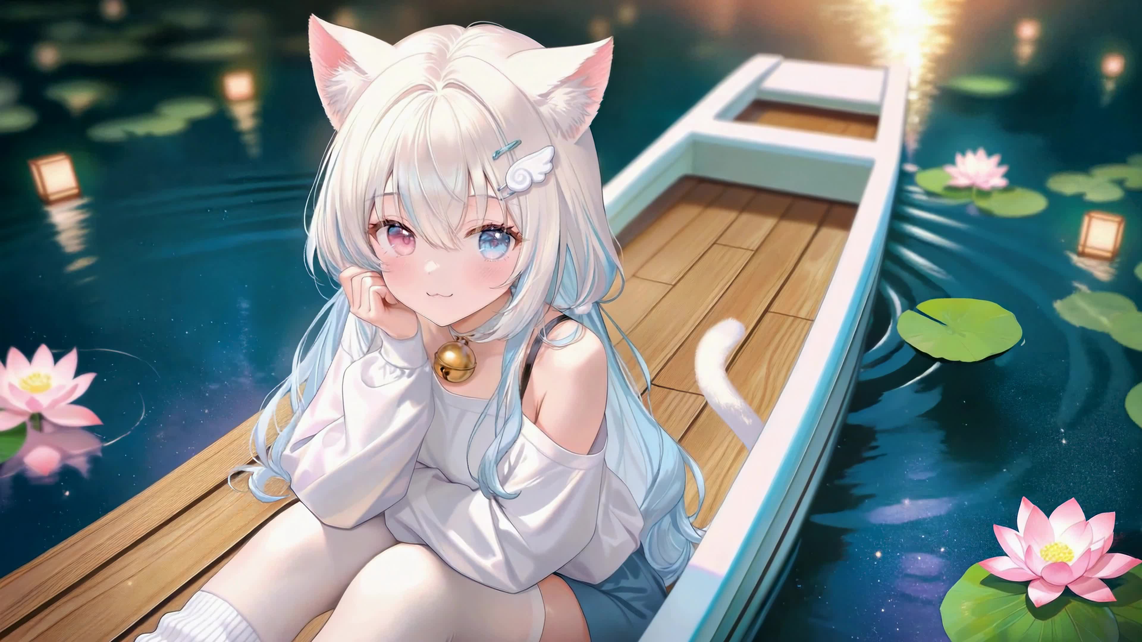 荷塘舟上的银发猫耳少女