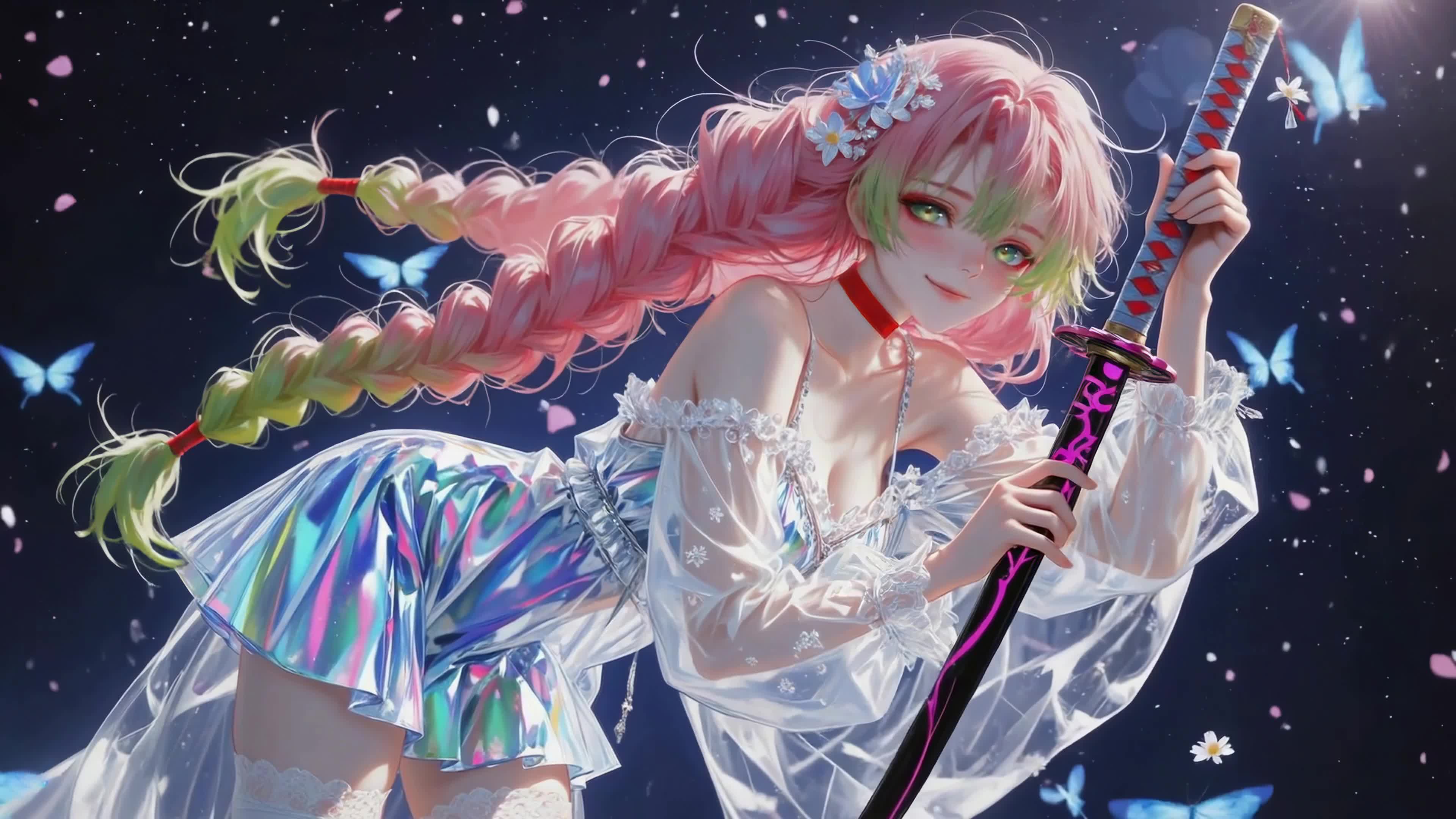 粉发持刀少女与蓝蝶