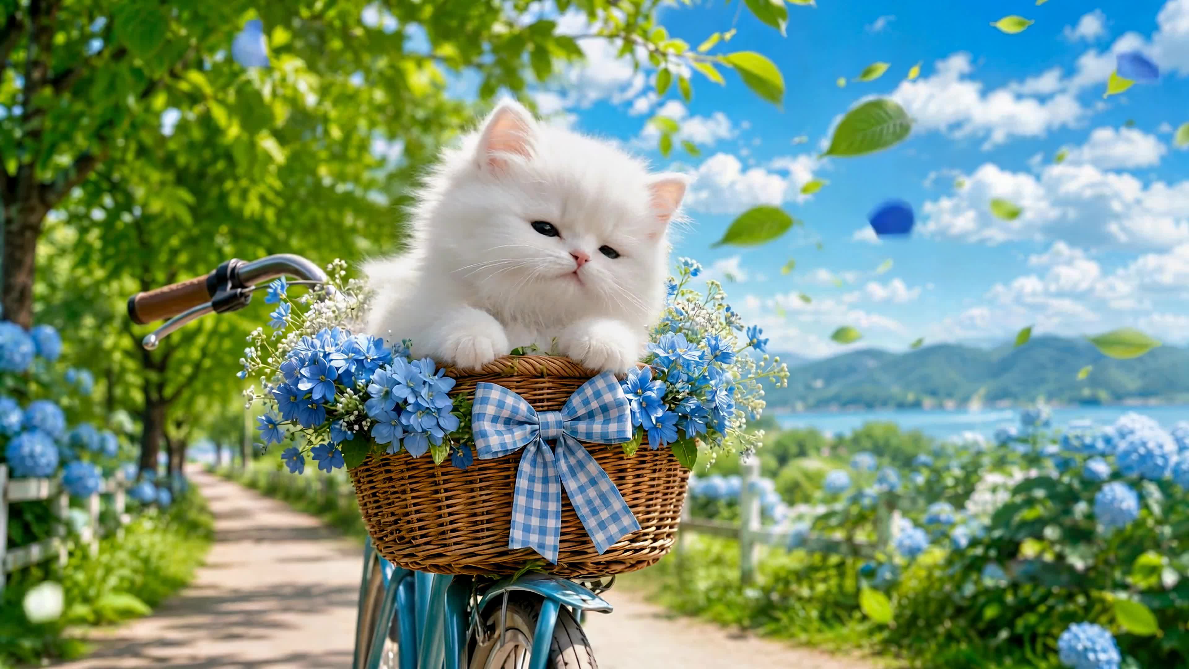 花车篮中的奶白小猫