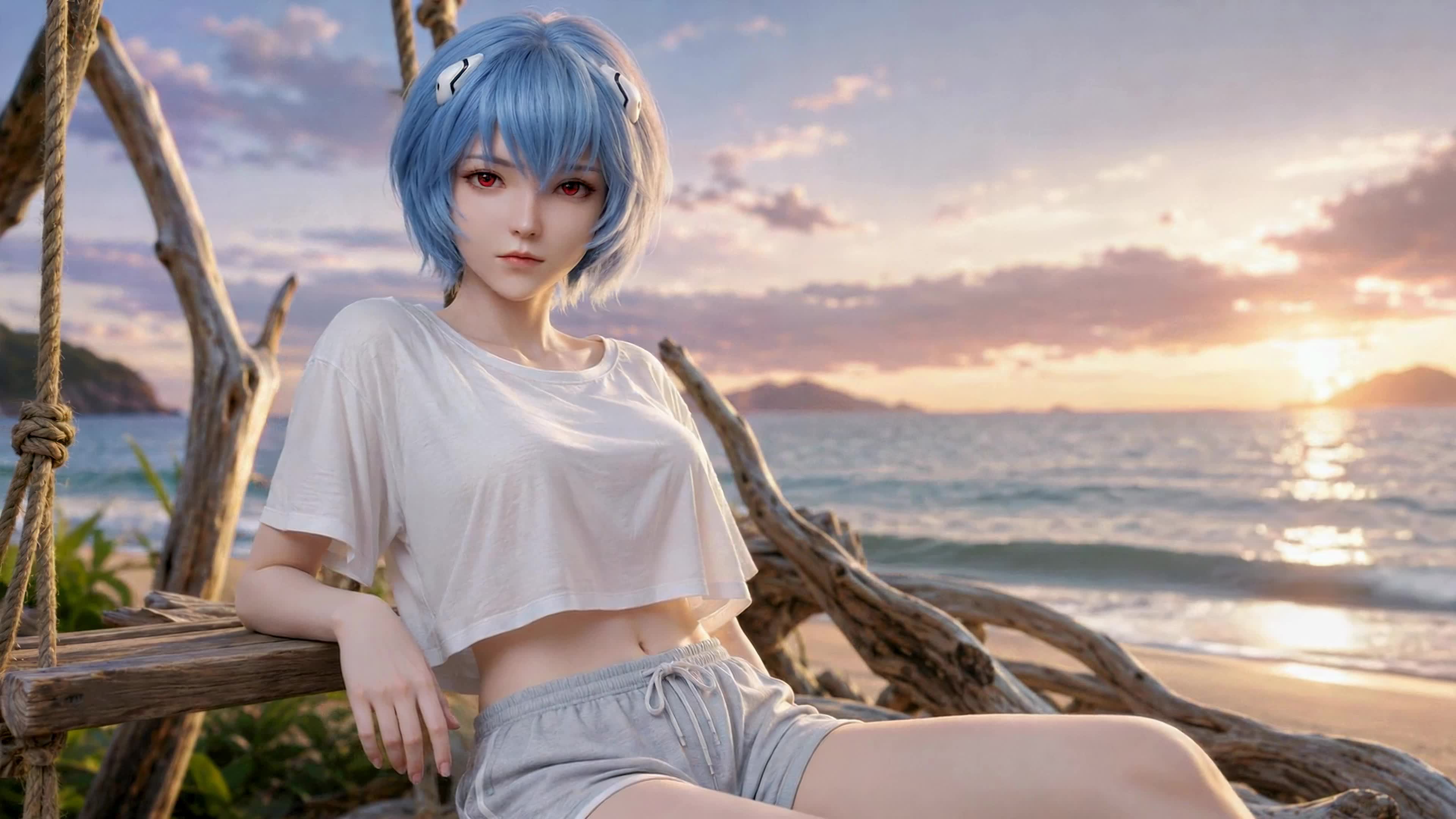海滩日落蓝发少女