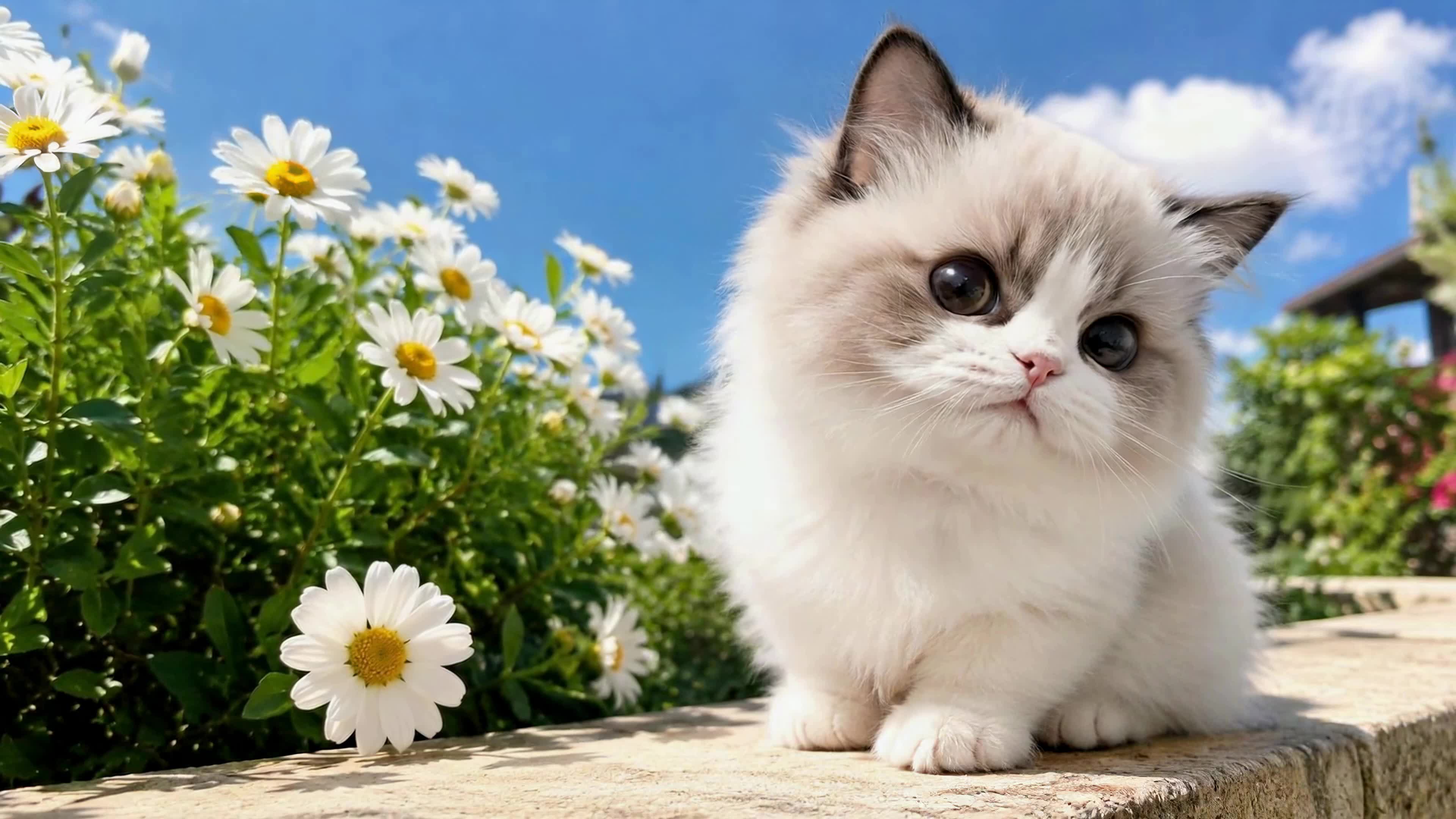雏菊丛中的软萌小奶猫