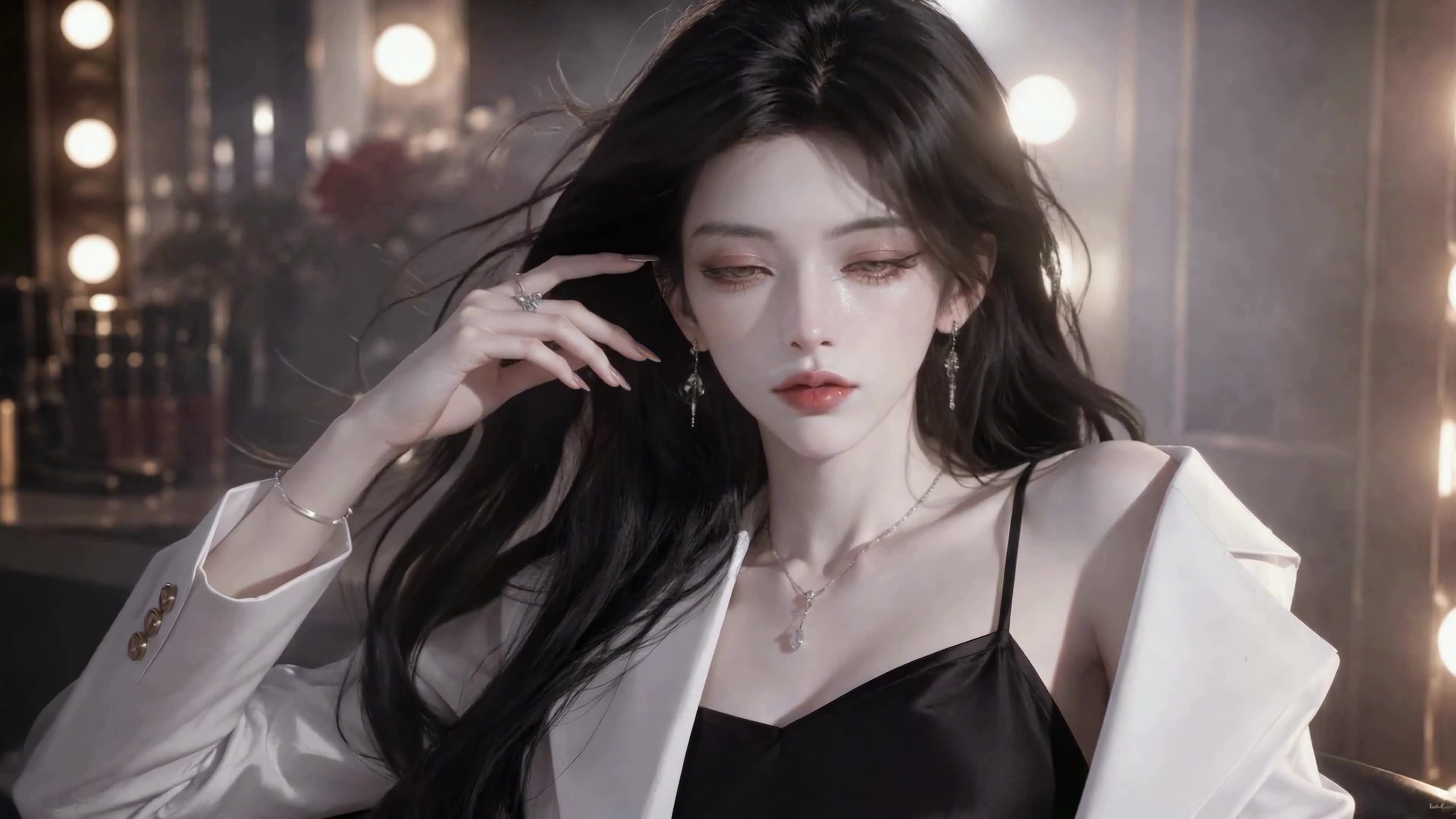 妆台前的黑发美女