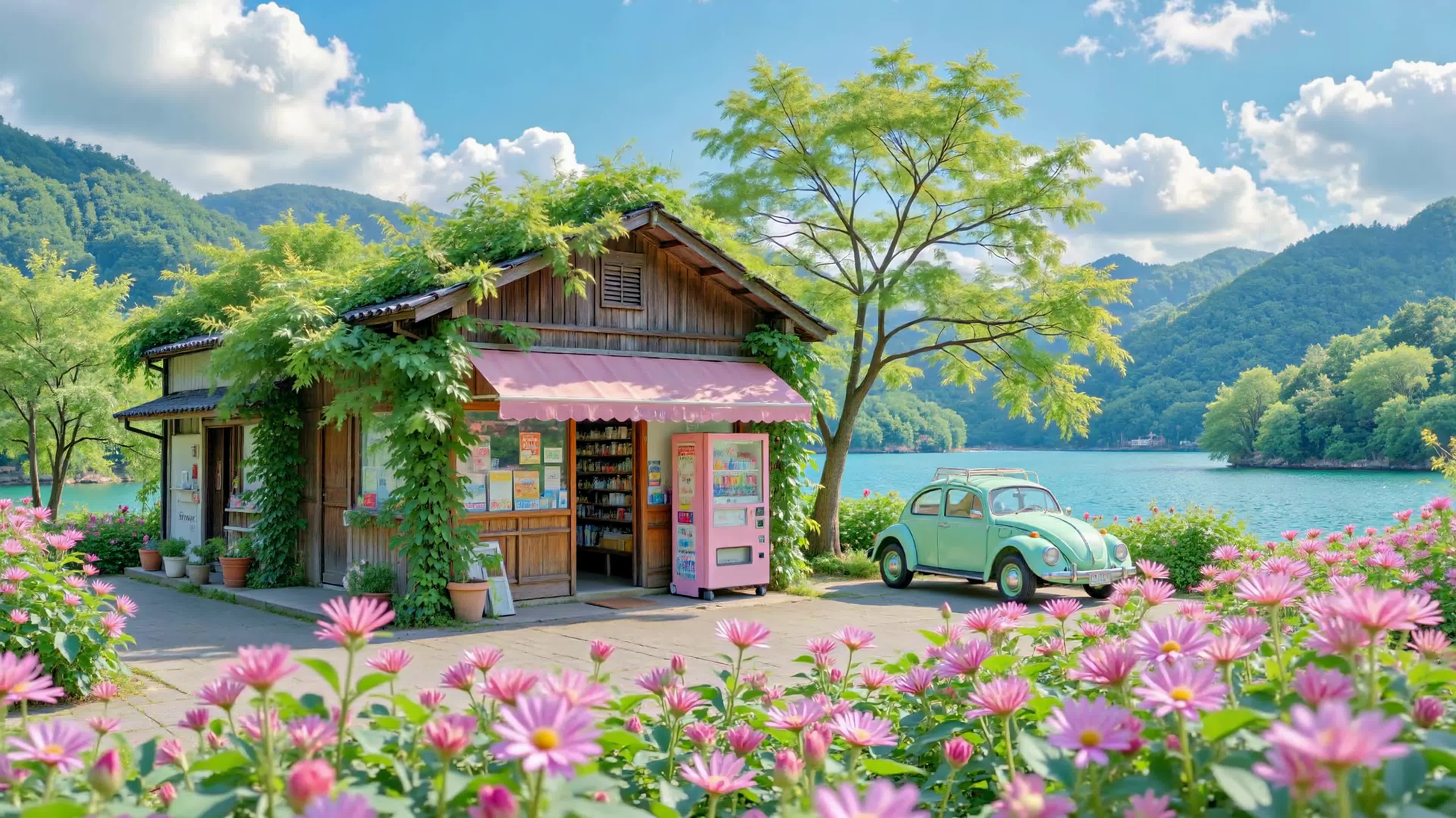 湖畔花田旁的温馨小店