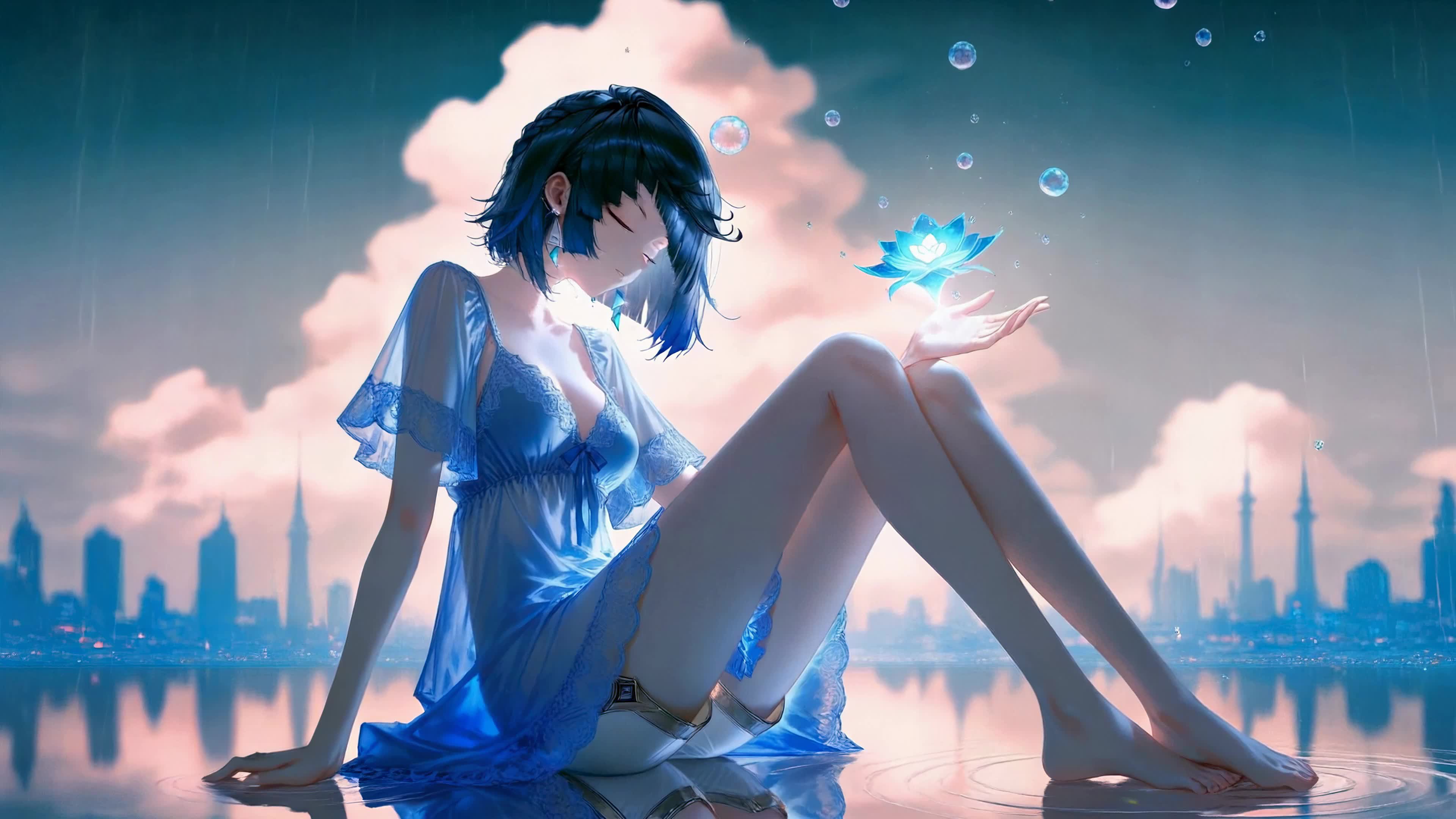 雨天蓝裙少女与荧光莲