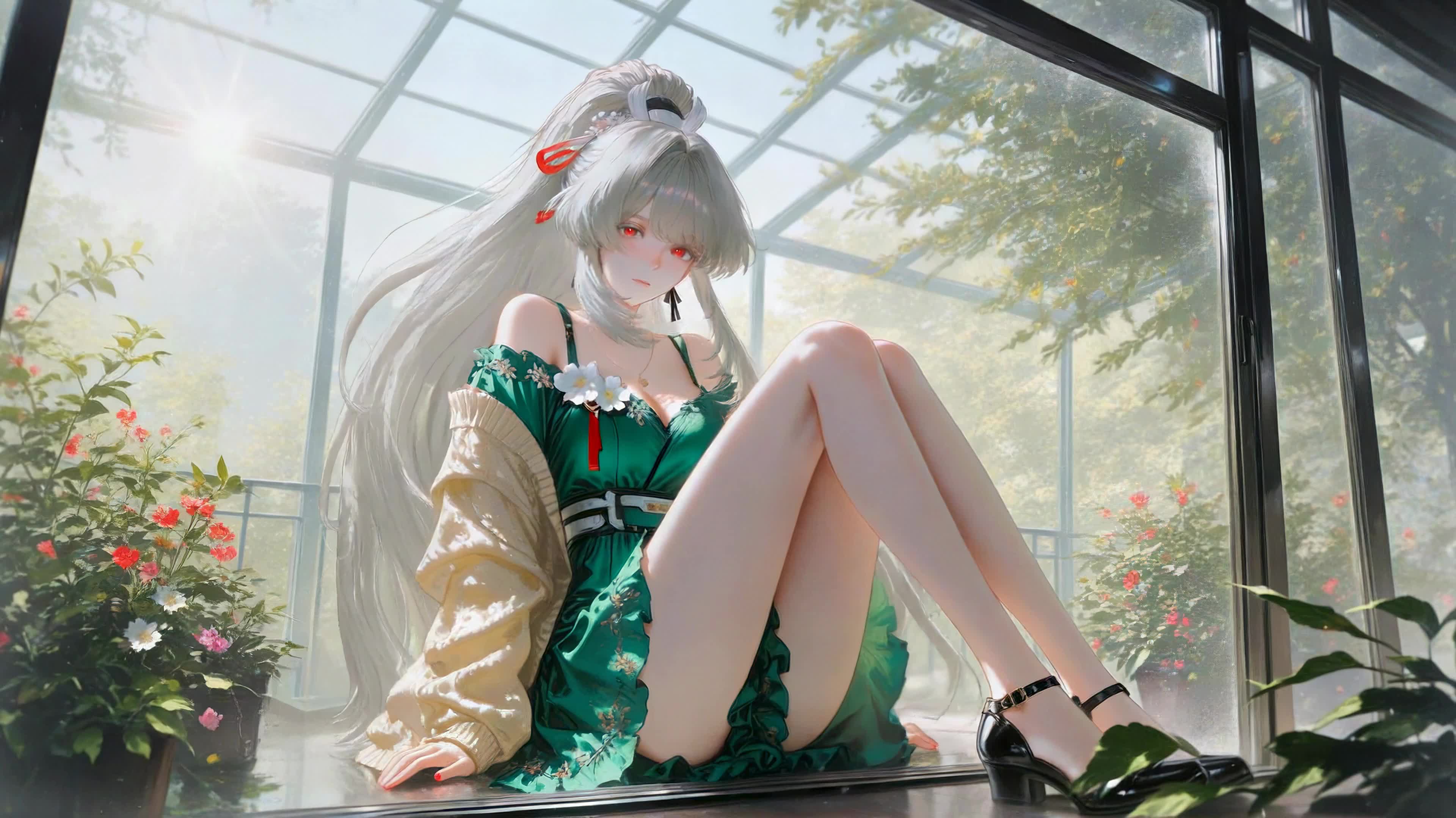 阳光花房里的银发少女