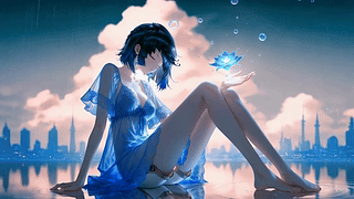 雨天蓝裙少女与荧光莲