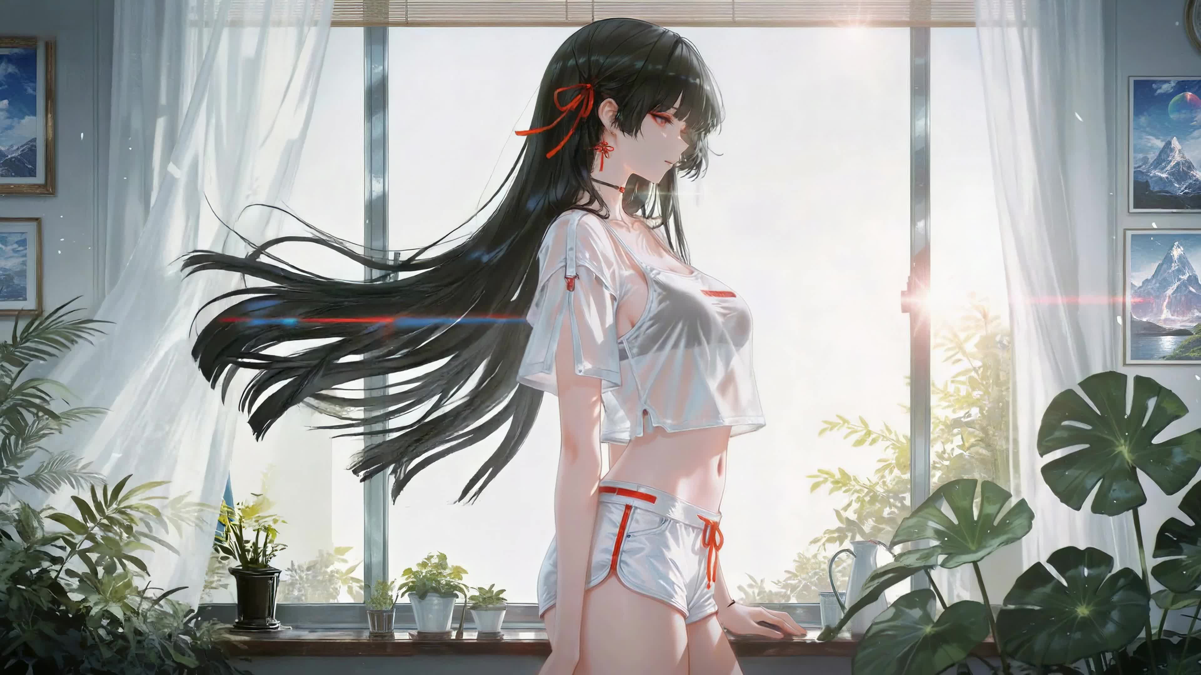 窗边暖阳长发少女