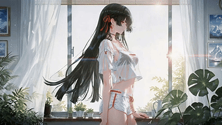 窗边暖阳长发少女