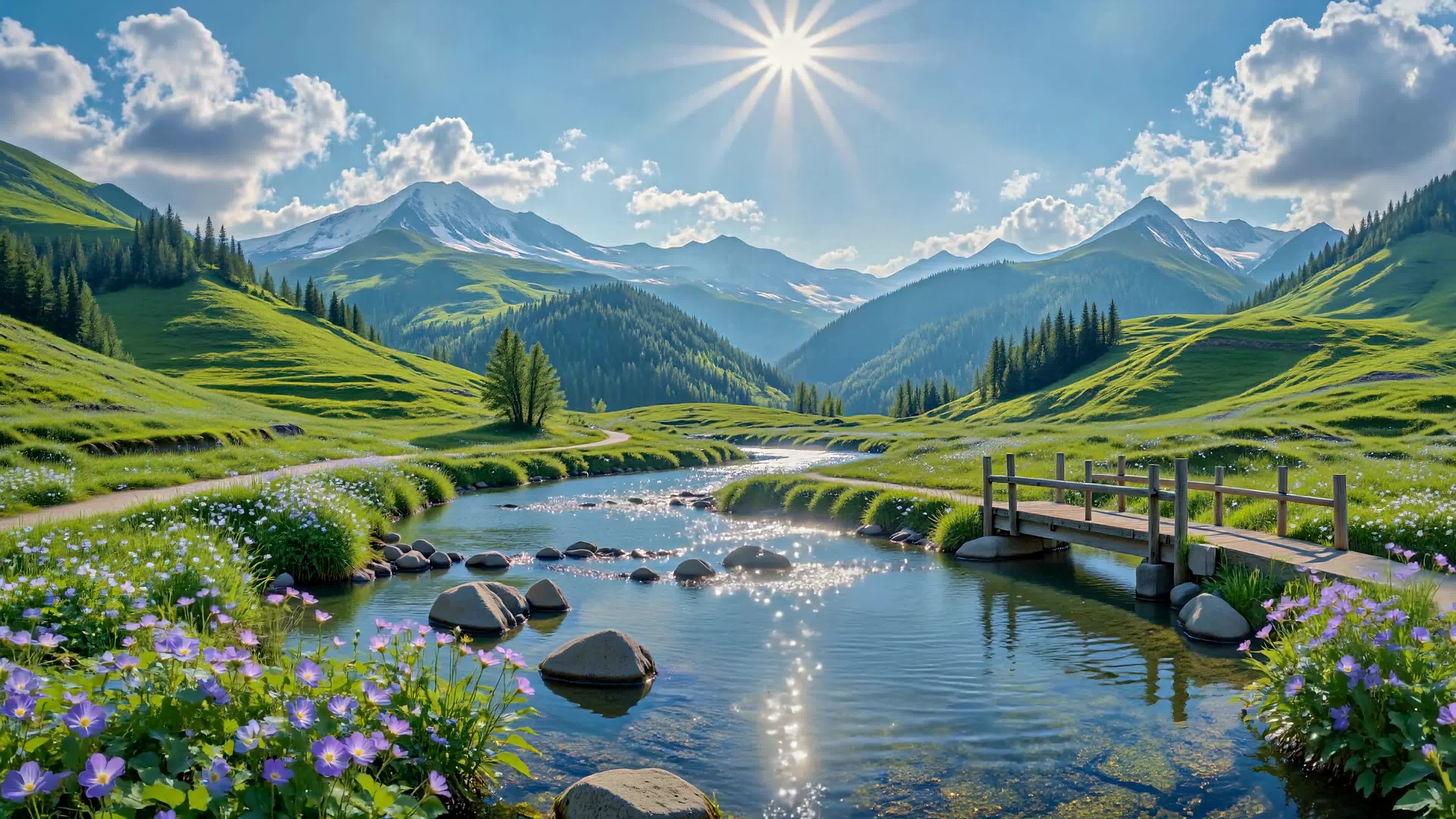 晴日山野溪流美景