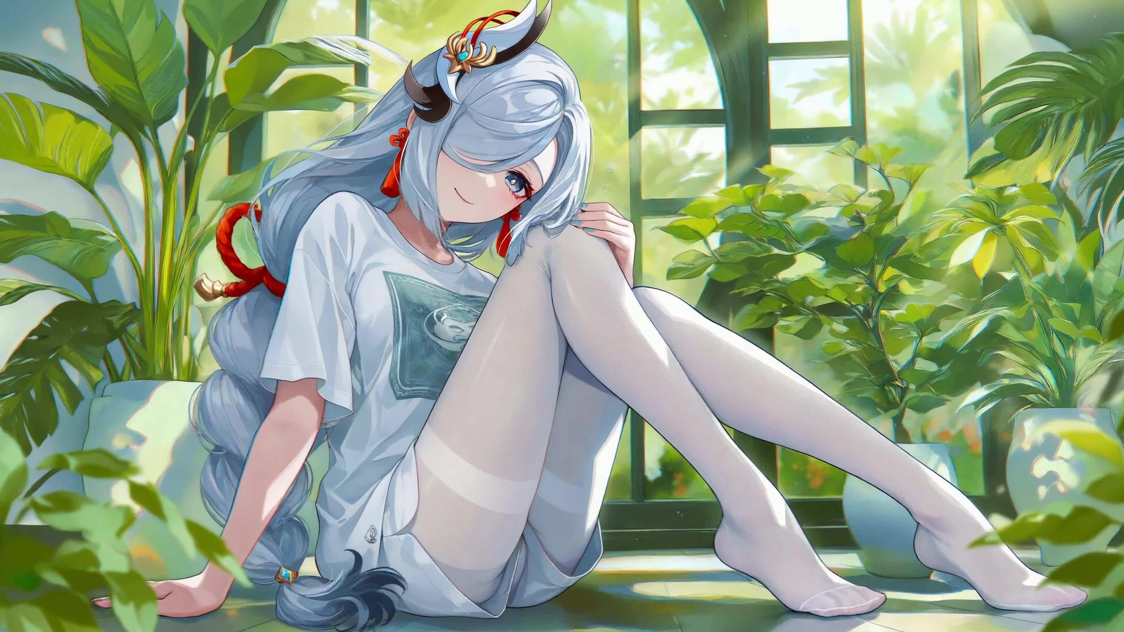 窗边绿植银发少女