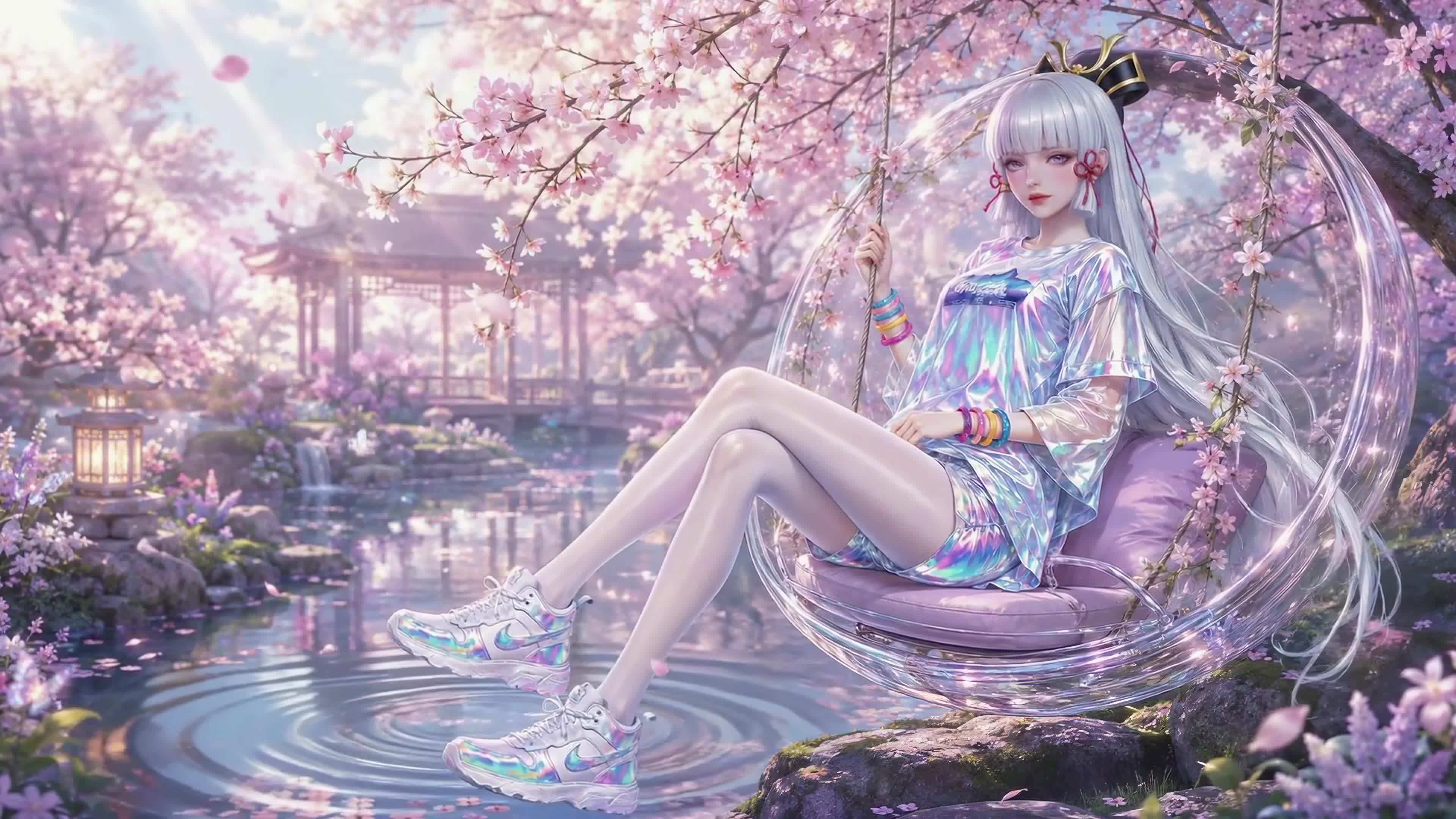 樱花溪畔的银发少女