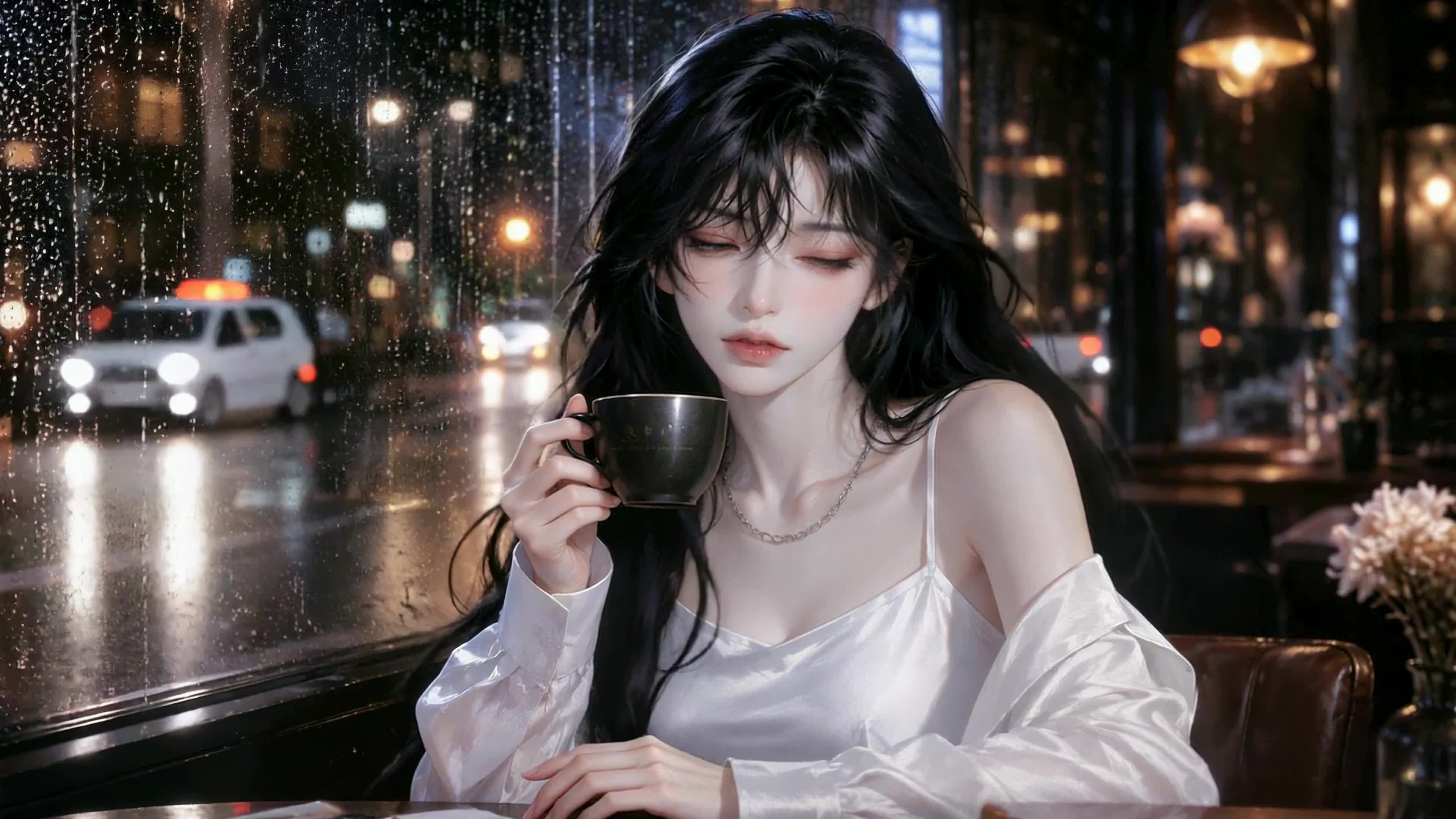 雨夜咖啡馆的窗边少女