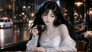 雨夜咖啡馆的窗边少女