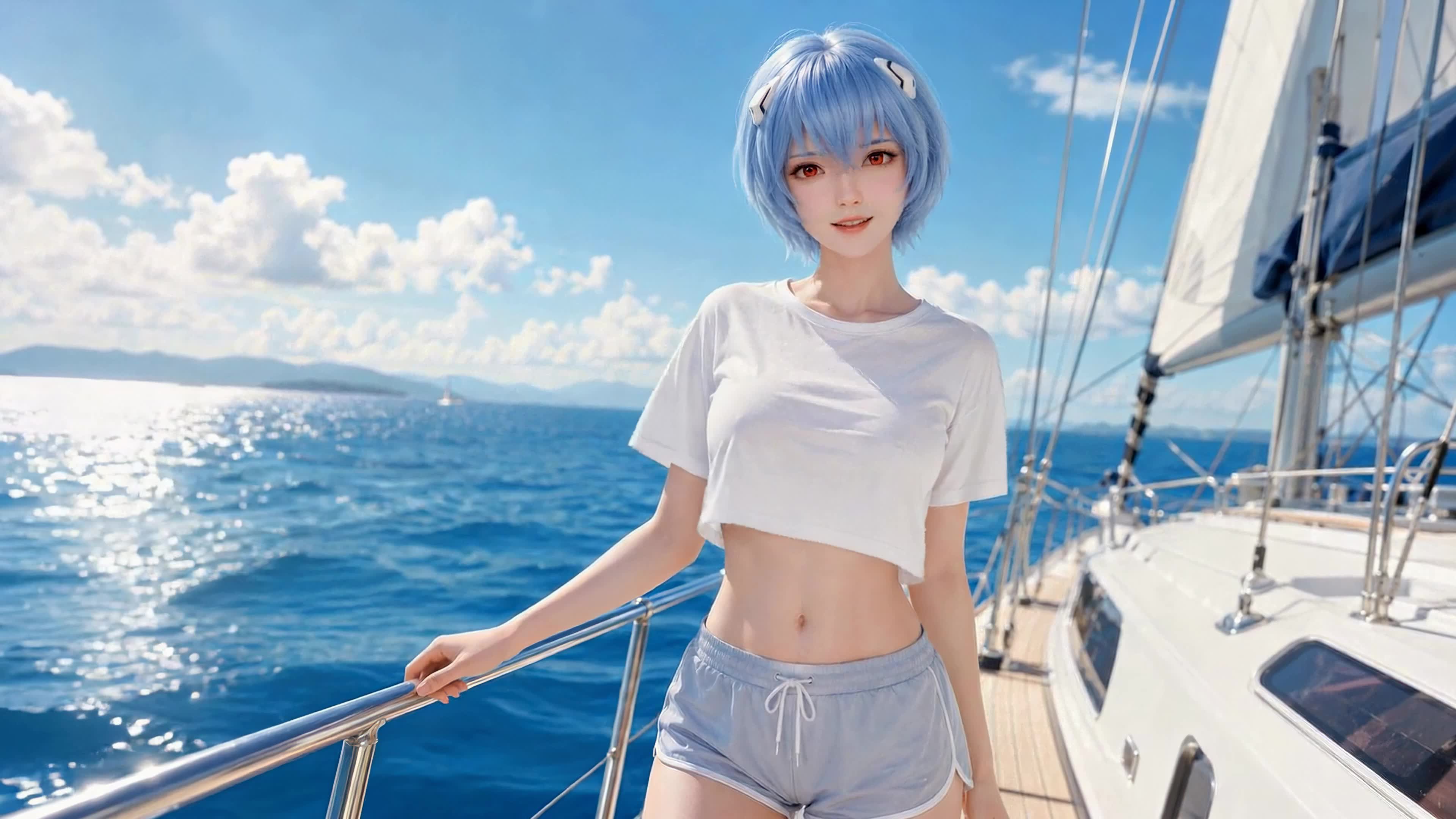 蓝发少女帆船出游