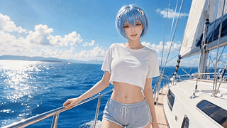 蓝发少女帆船出游
