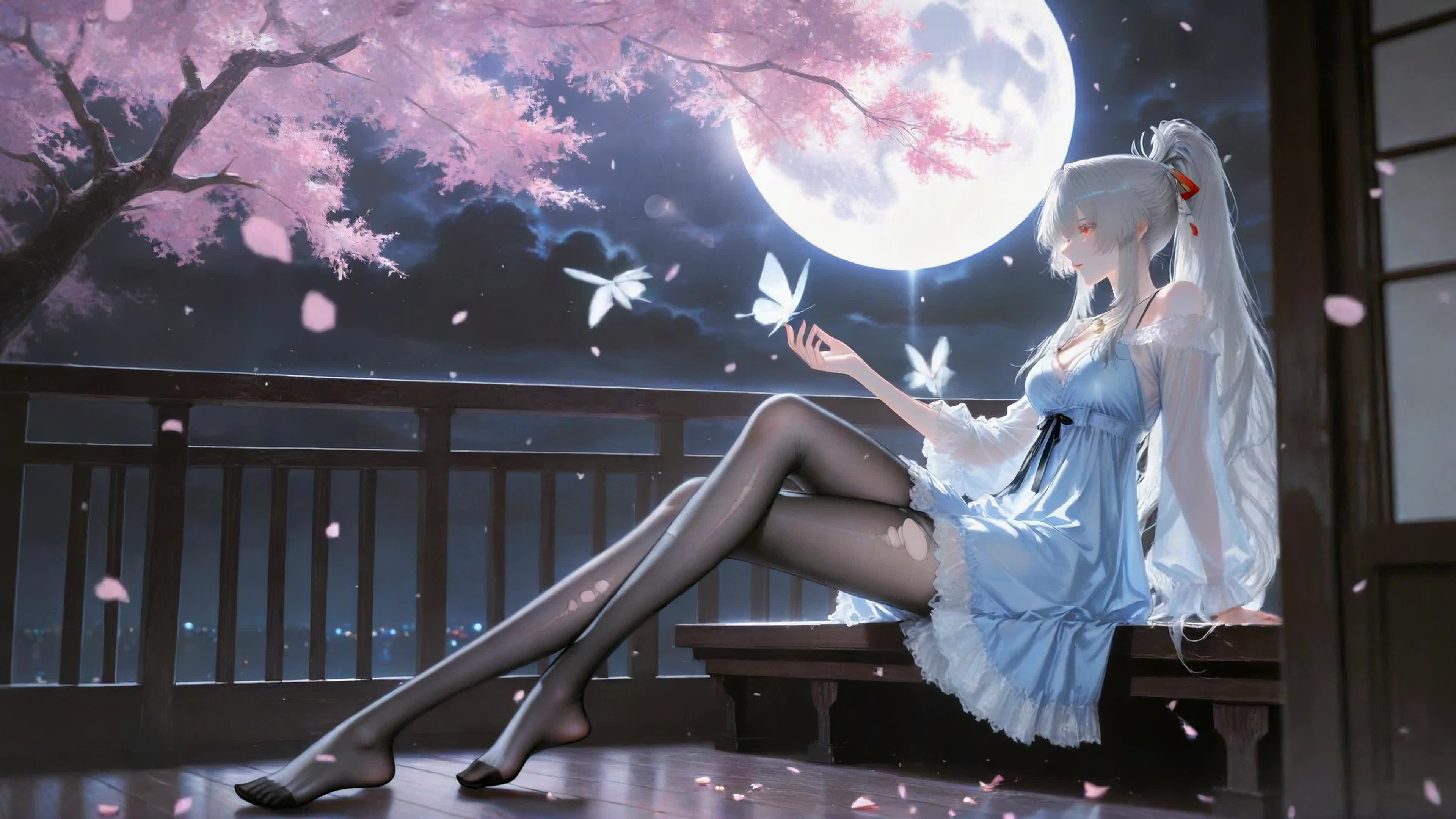 月夜樱下银发少女