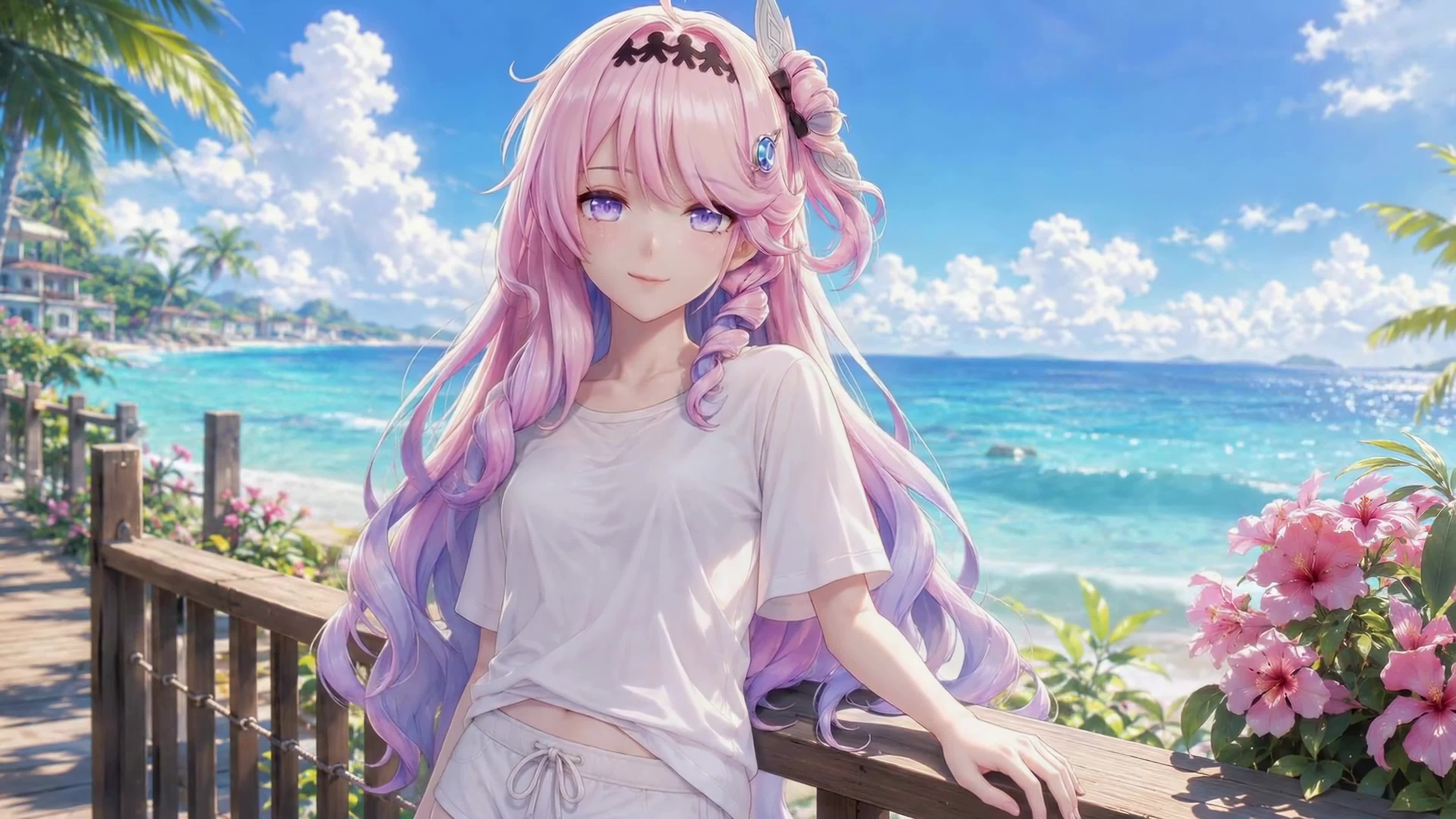 海边度假的粉发少女