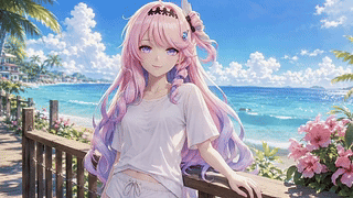 海边度假的粉发少女