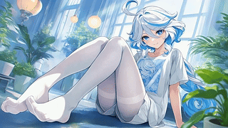 蓝发少女的闲适午后