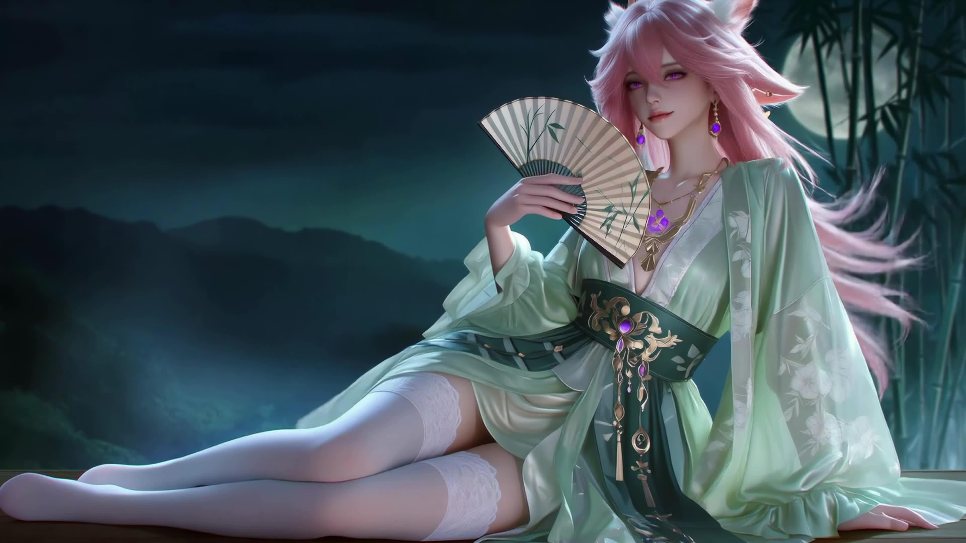 月夜竹林粉发狐耳美人