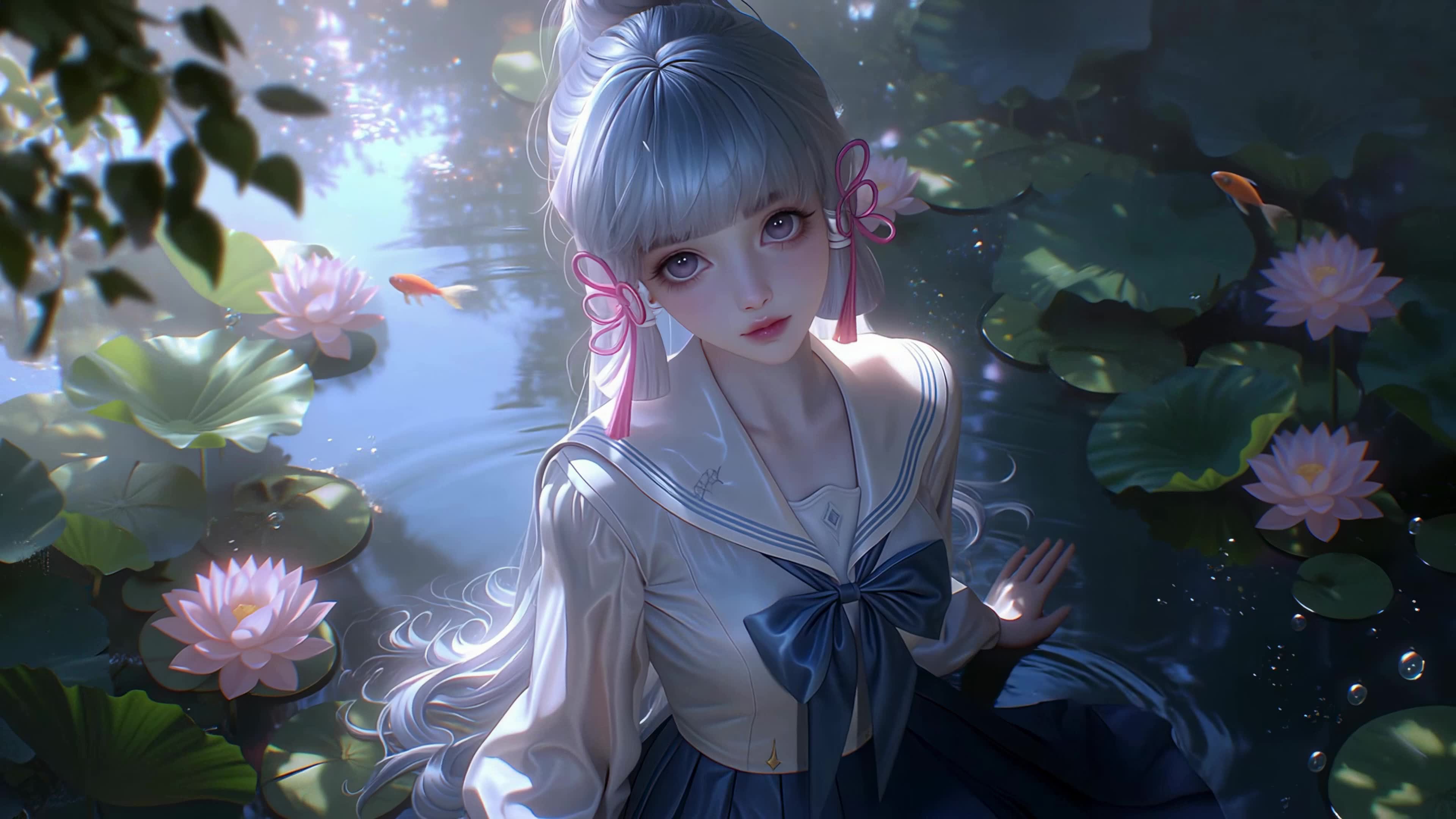 荷塘边的银发少女
