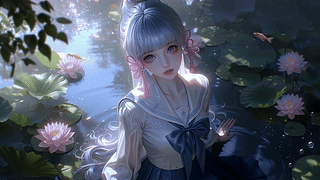 荷塘边的银发少女