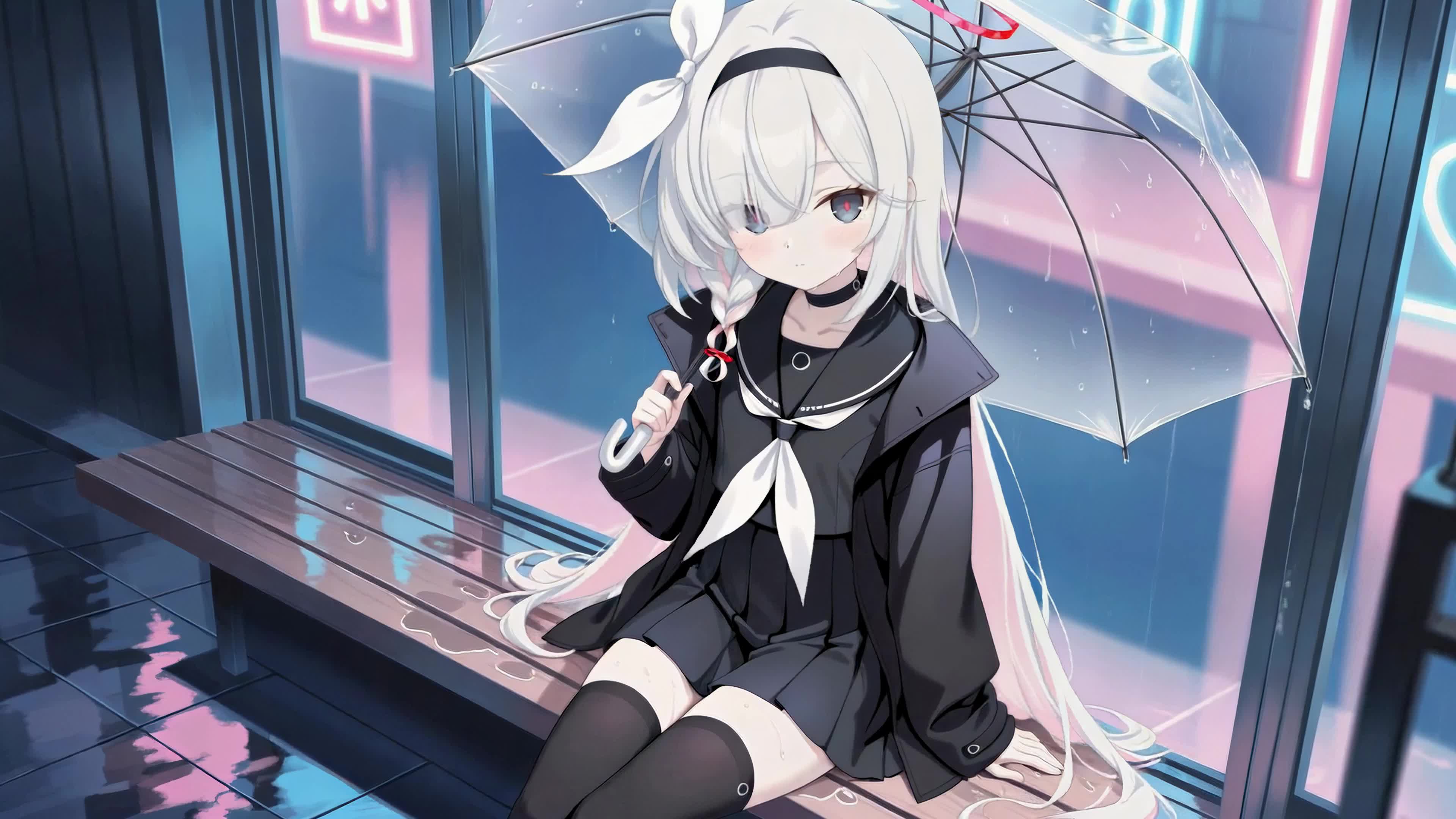 雨夜站台白发少女