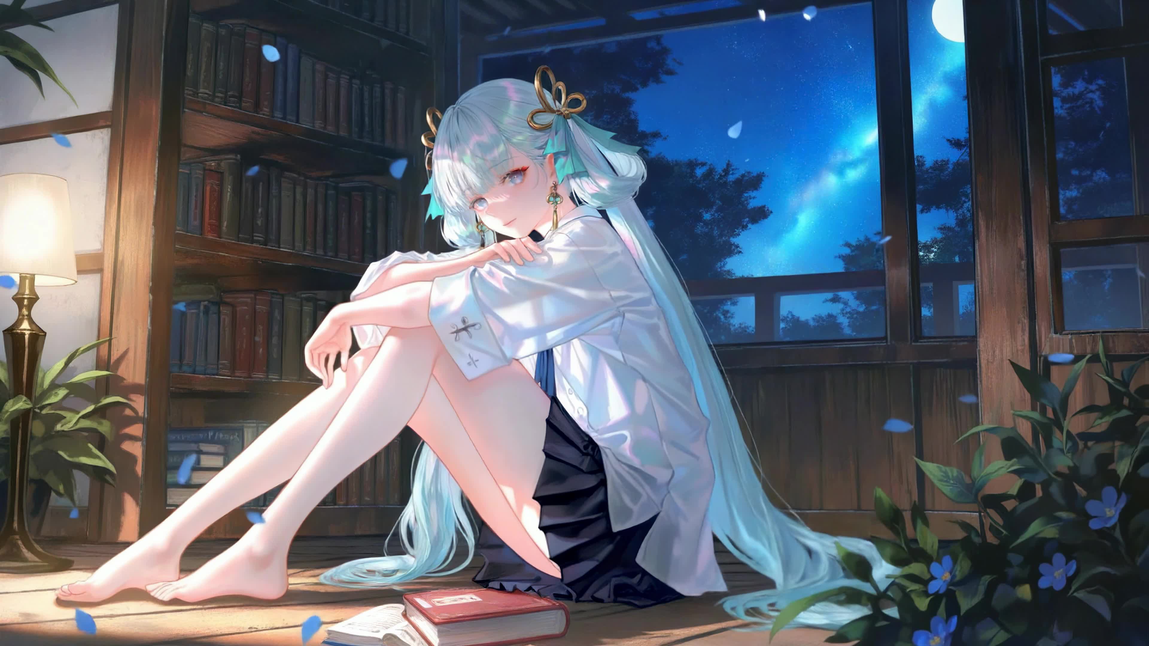 月夜书房的蓝发少女