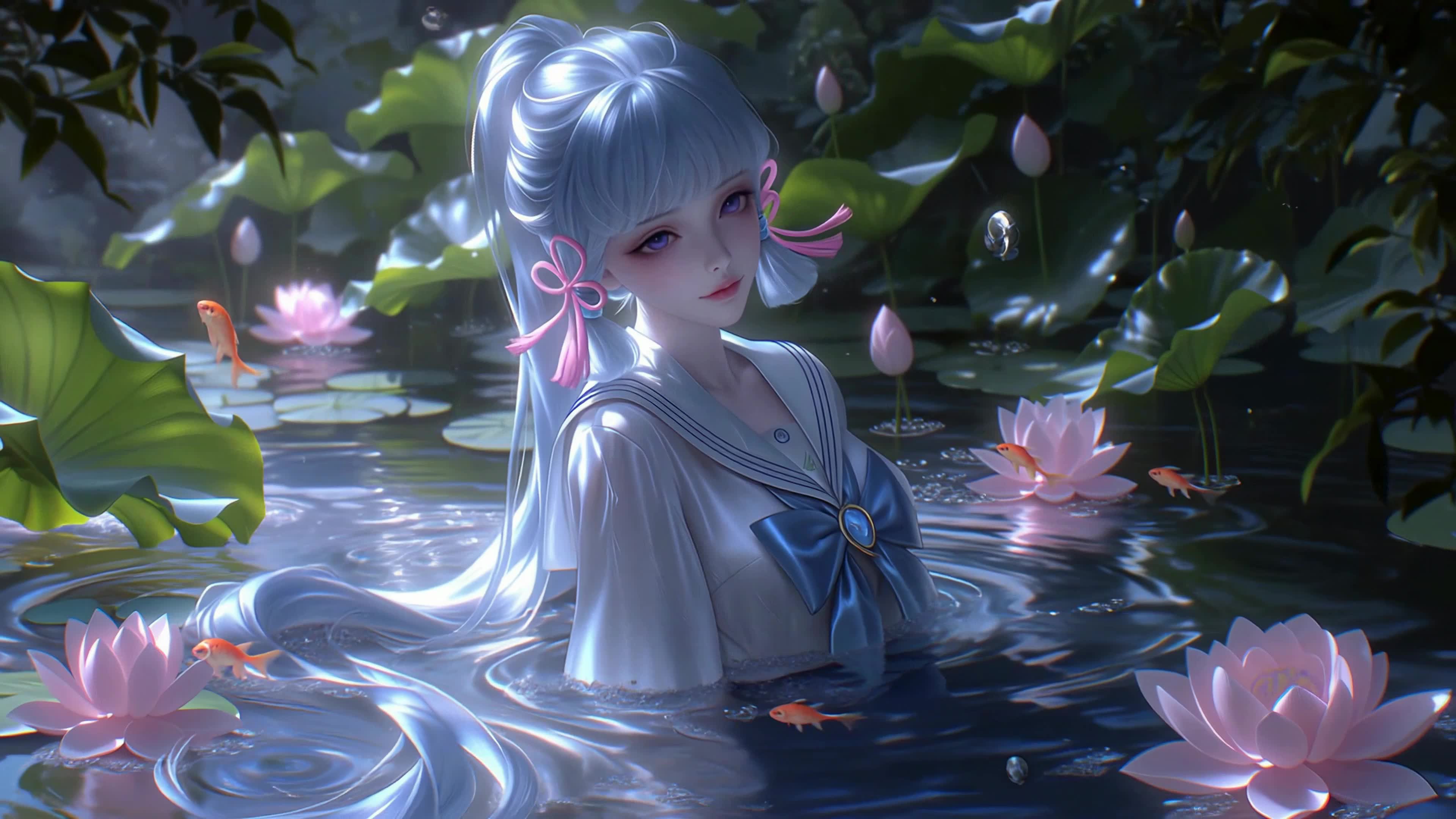 荷塘幽境蓝发少女