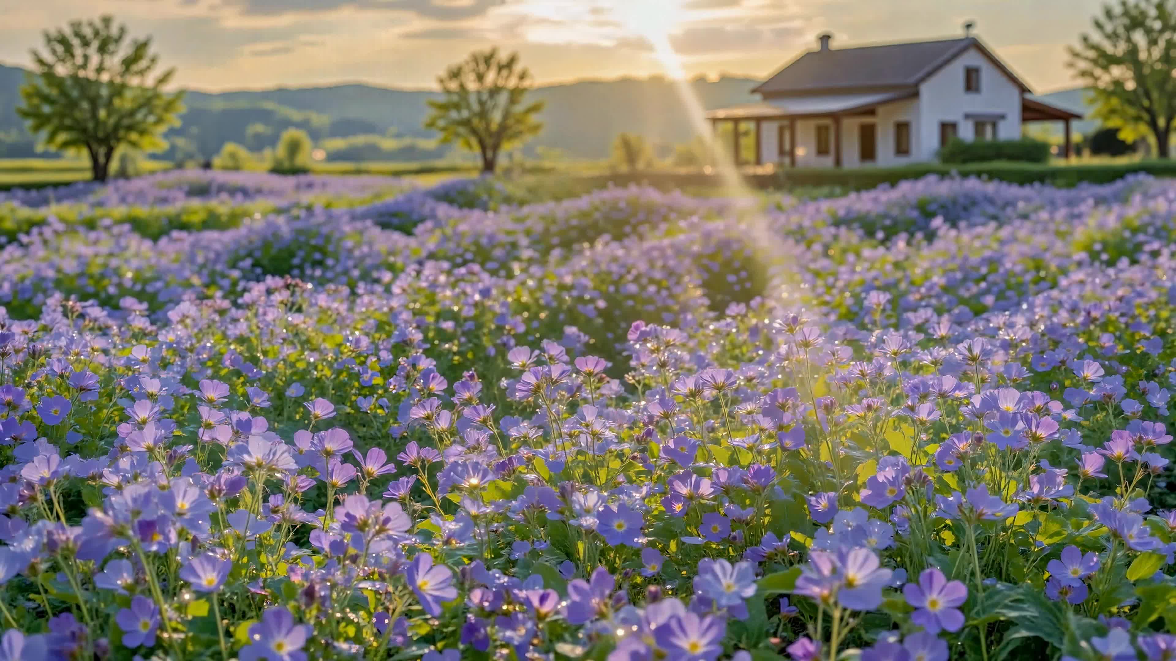 紫花田中的乡野小屋