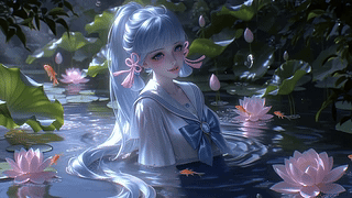 荷塘幽境蓝发少女
